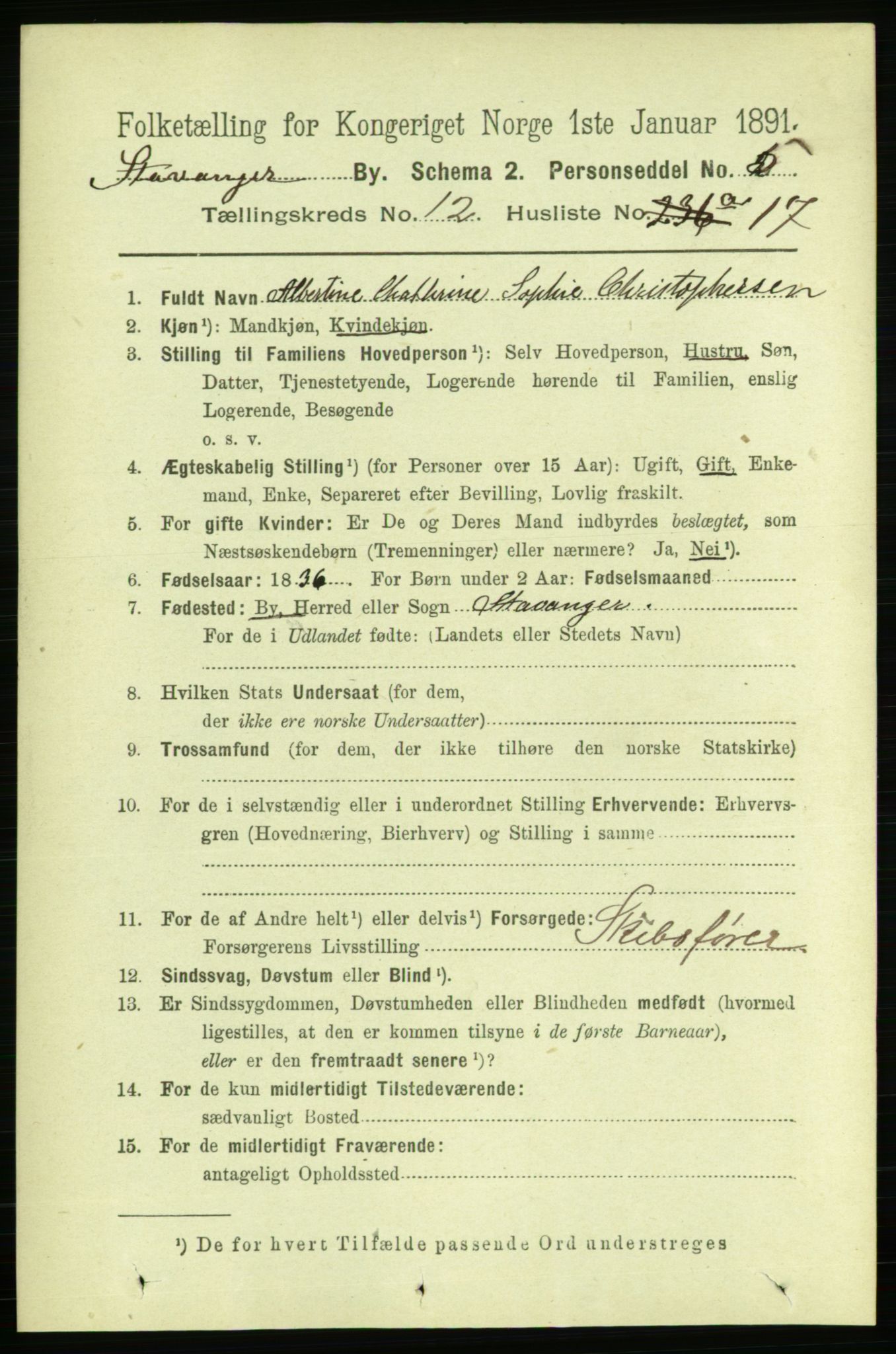 RA, 1891 census for 1103 Stavanger, 1891, p. 15111