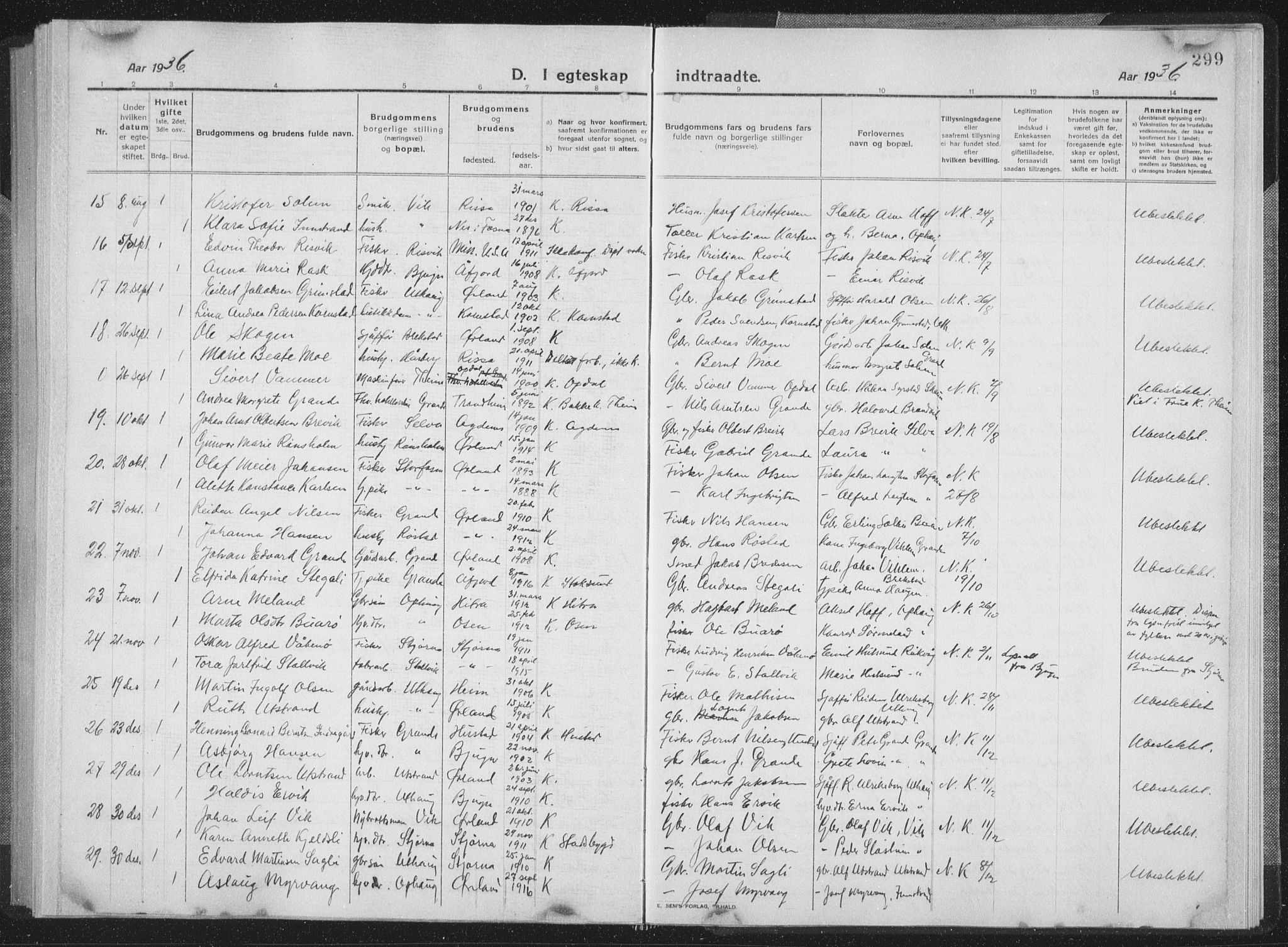 Ministerialprotokoller, klokkerbøker og fødselsregistre - Sør-Trøndelag, SAT/A-1456/659/L0747: Parish register (copy) no. 659C04, 1913-1938, p. 299