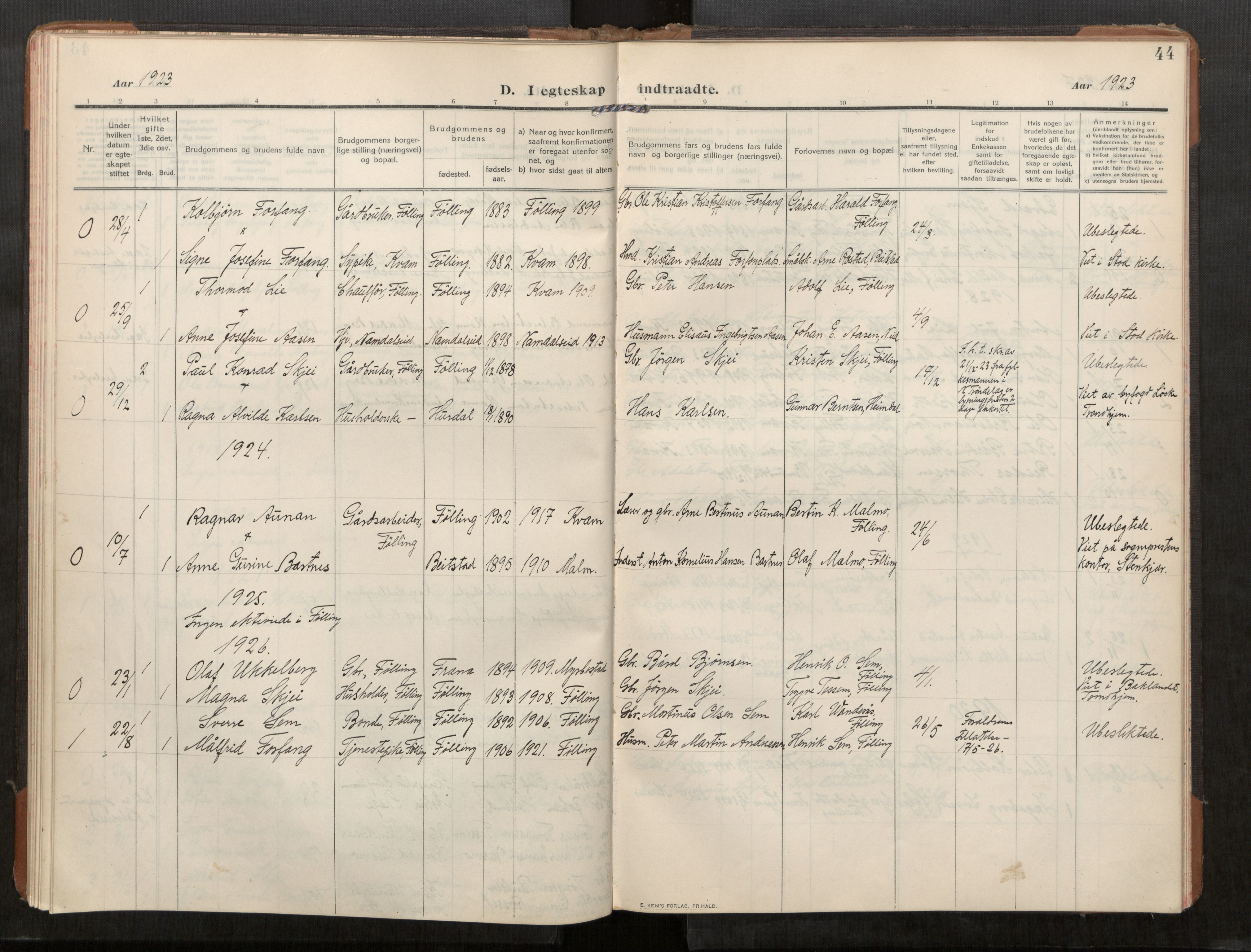 Stod sokneprestkontor, SAT/A-1164/1/I/I1/I1a/L0003: Parish register (official) no. 3, 1909-1934, p. 44