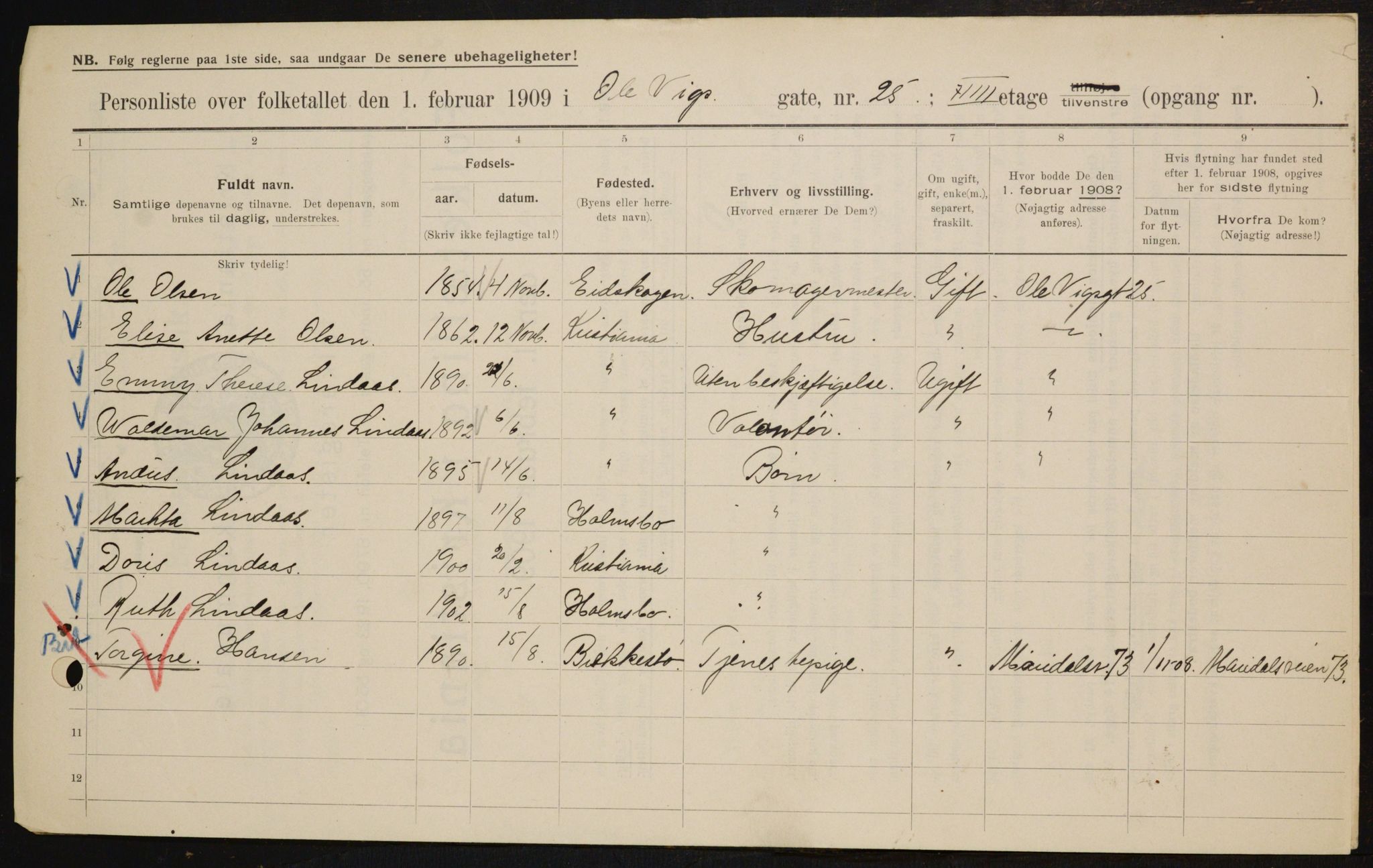 OBA, Municipal Census 1909 for Kristiania, 1909, p. 68521