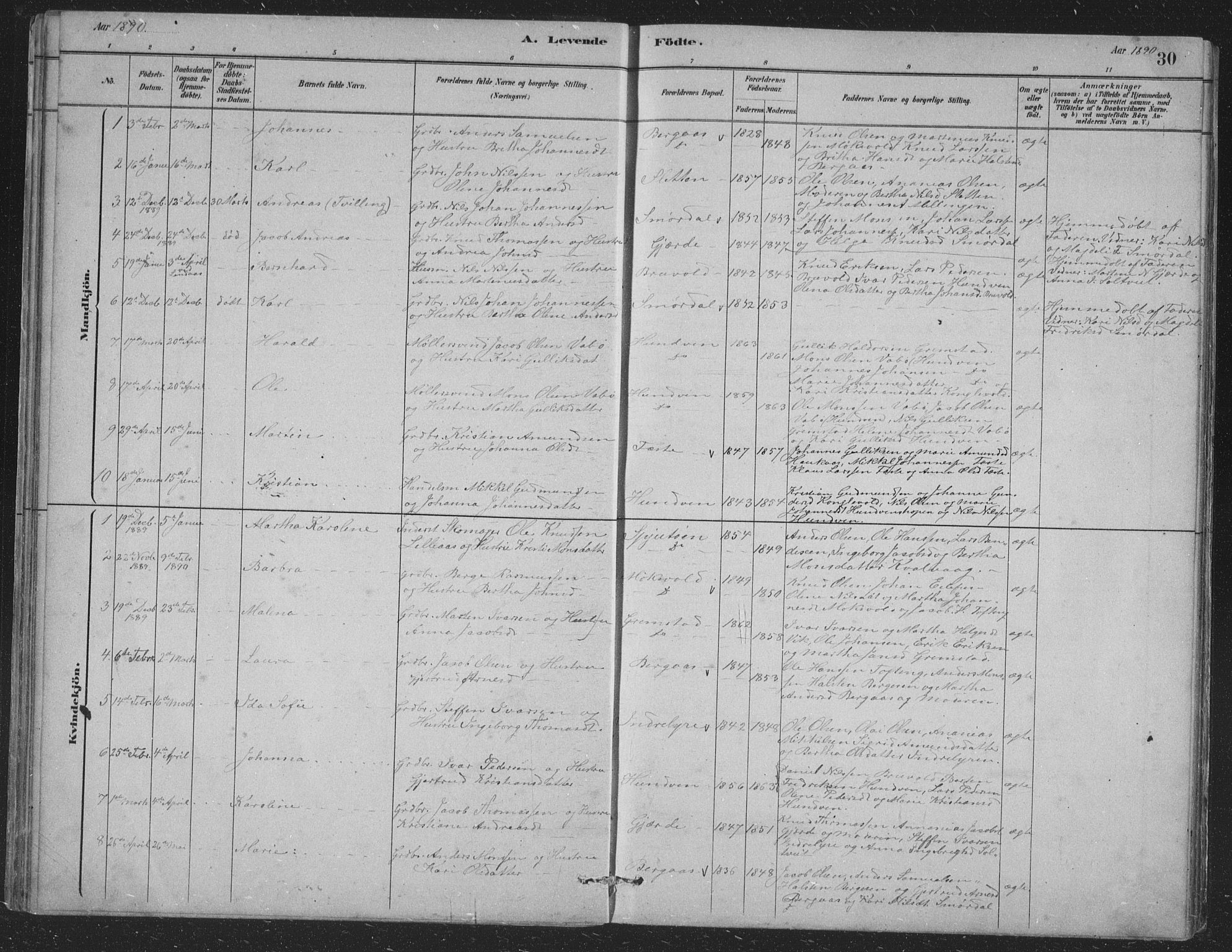 Alversund Sokneprestembete, SAB/A-73901/H/Ha/Hab: Parish register (copy) no. B 3, 1881-1896, p. 30