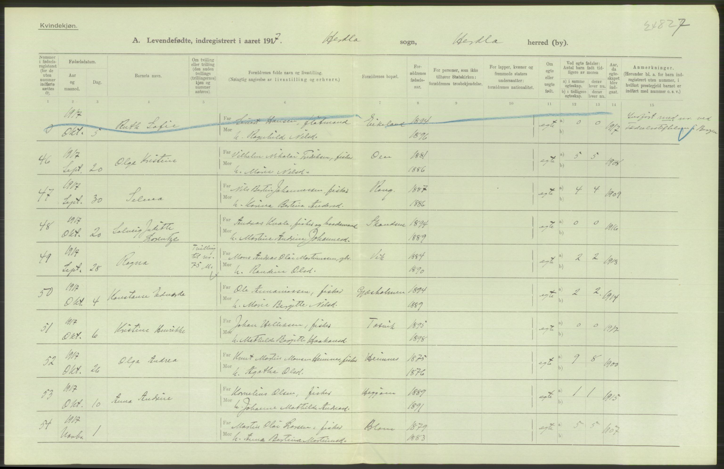 Statistisk sentralbyrå, Sosiodemografiske emner, Befolkning, AV/RA-S-2228/D/Df/Dfb/Dfbg/L0034: S. Bergenhus amt: Levendefødte menn og kvinner. Bygder., 1917, p. 138