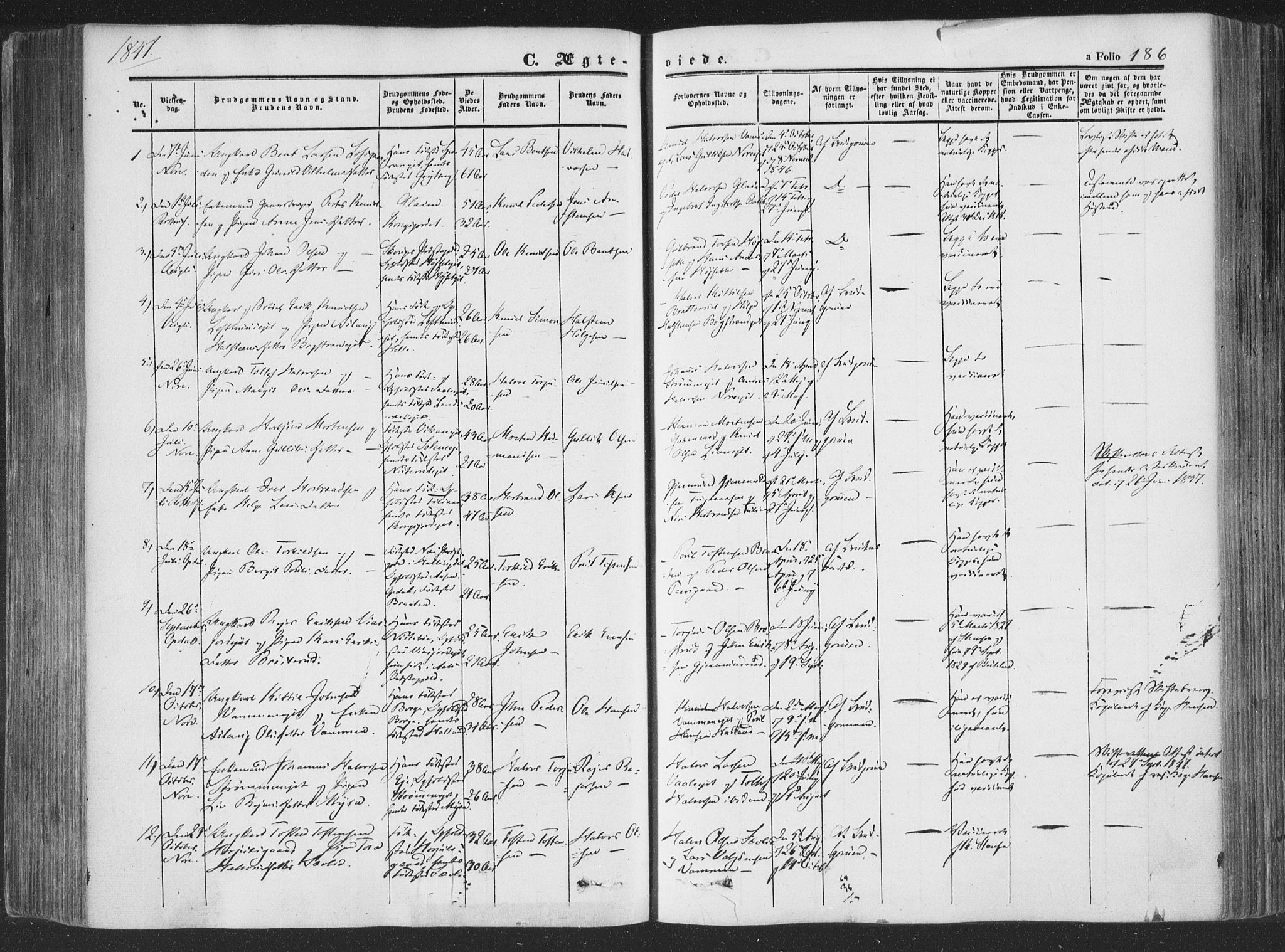 Rollag kirkebøker, SAKO/A-240/F/Fa/L0008: Parish register (official) no. I 8, 1847-1860, p. 186