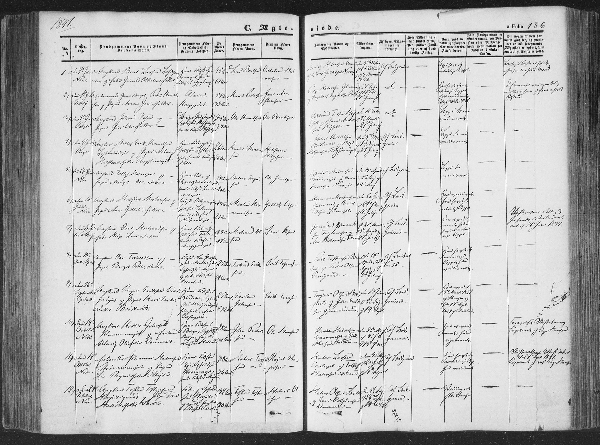 Rollag kirkebøker, AV/SAKO-A-240/F/Fa/L0008: Parish register (official) no. I 8, 1847-1860, p. 186
