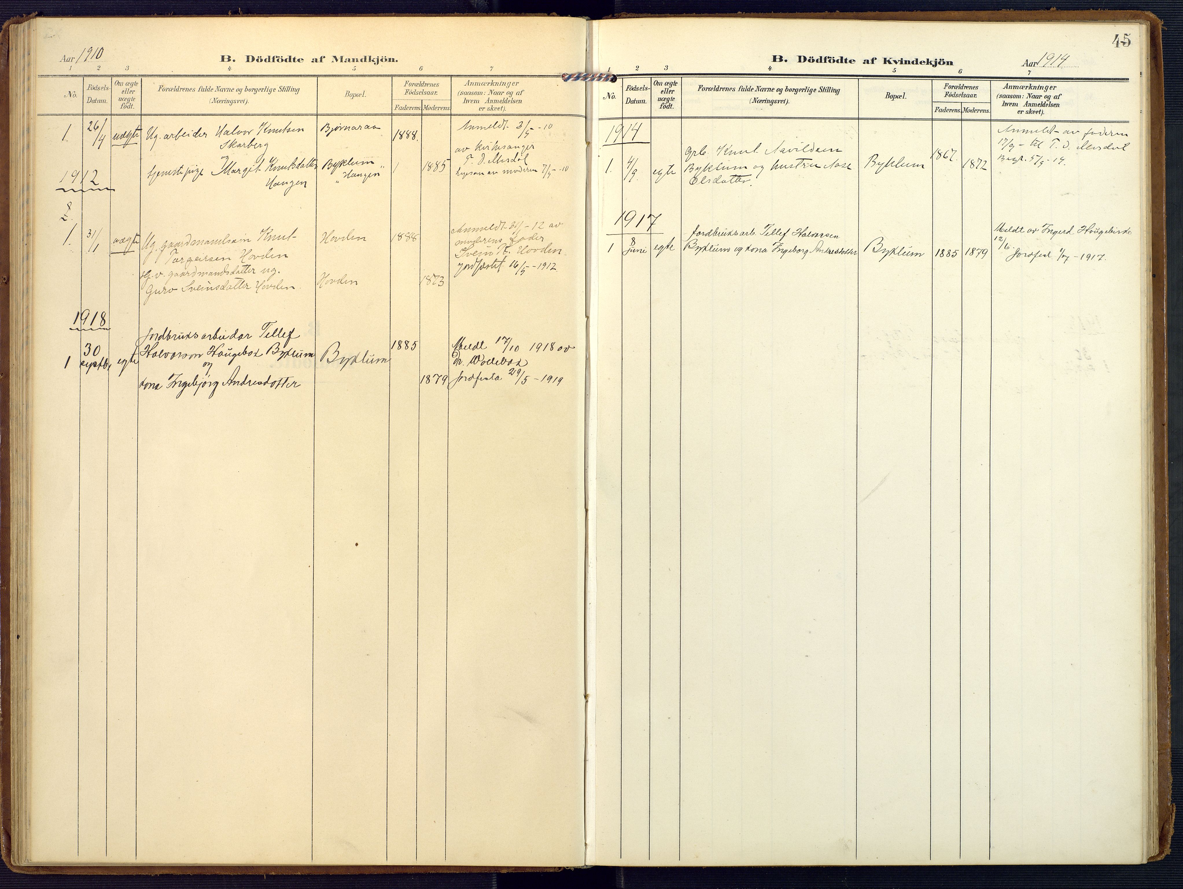 Valle sokneprestkontor, SAK/1111-0044/F/Fa/Faa/L0002: Parish register (official) no. A 2, 1907-1919, p. 45
