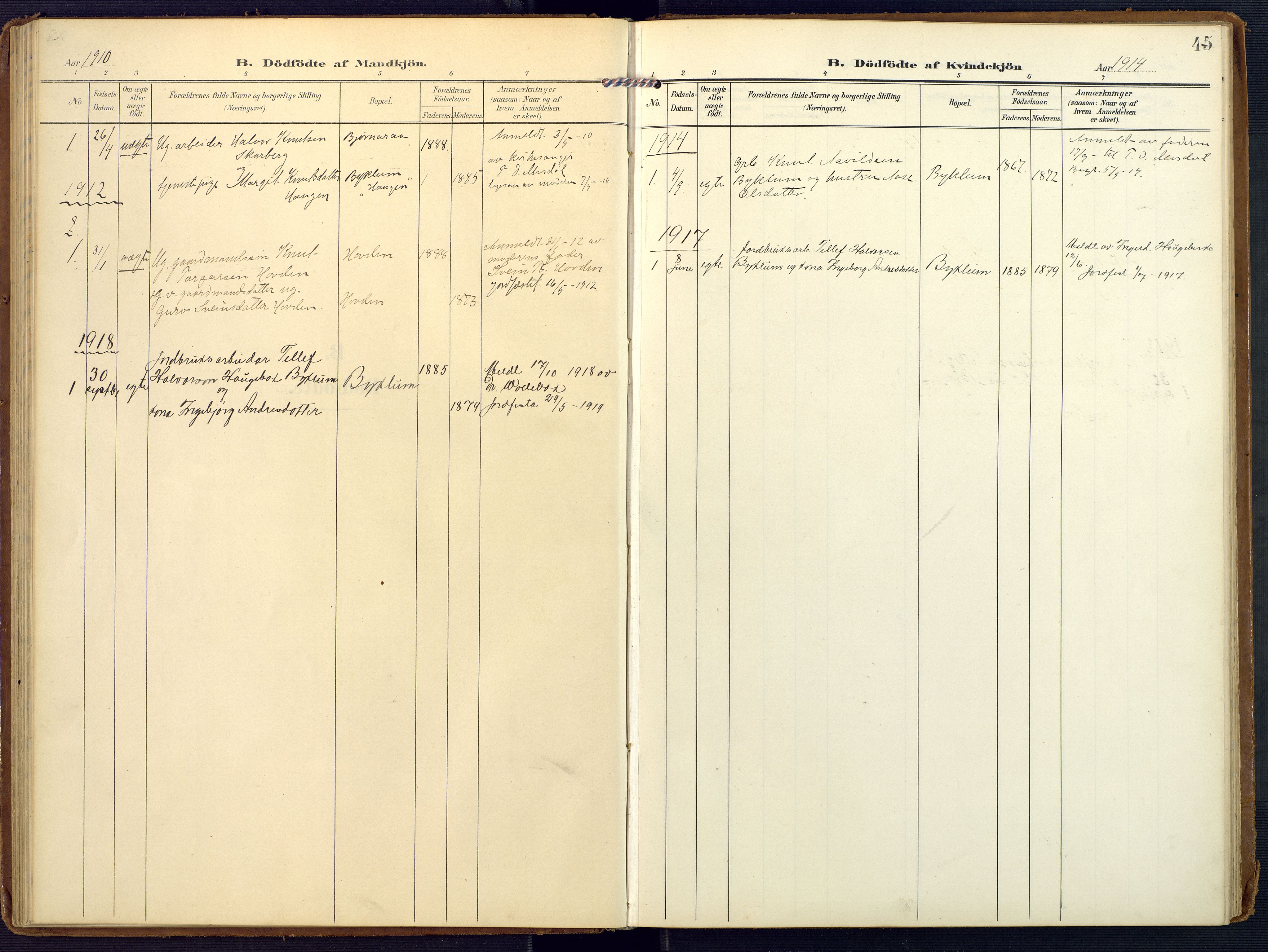 Valle sokneprestkontor, AV/SAK-1111-0044/F/Fa/Faa/L0002: Parish register (official) no. A 2, 1907-1919, p. 45