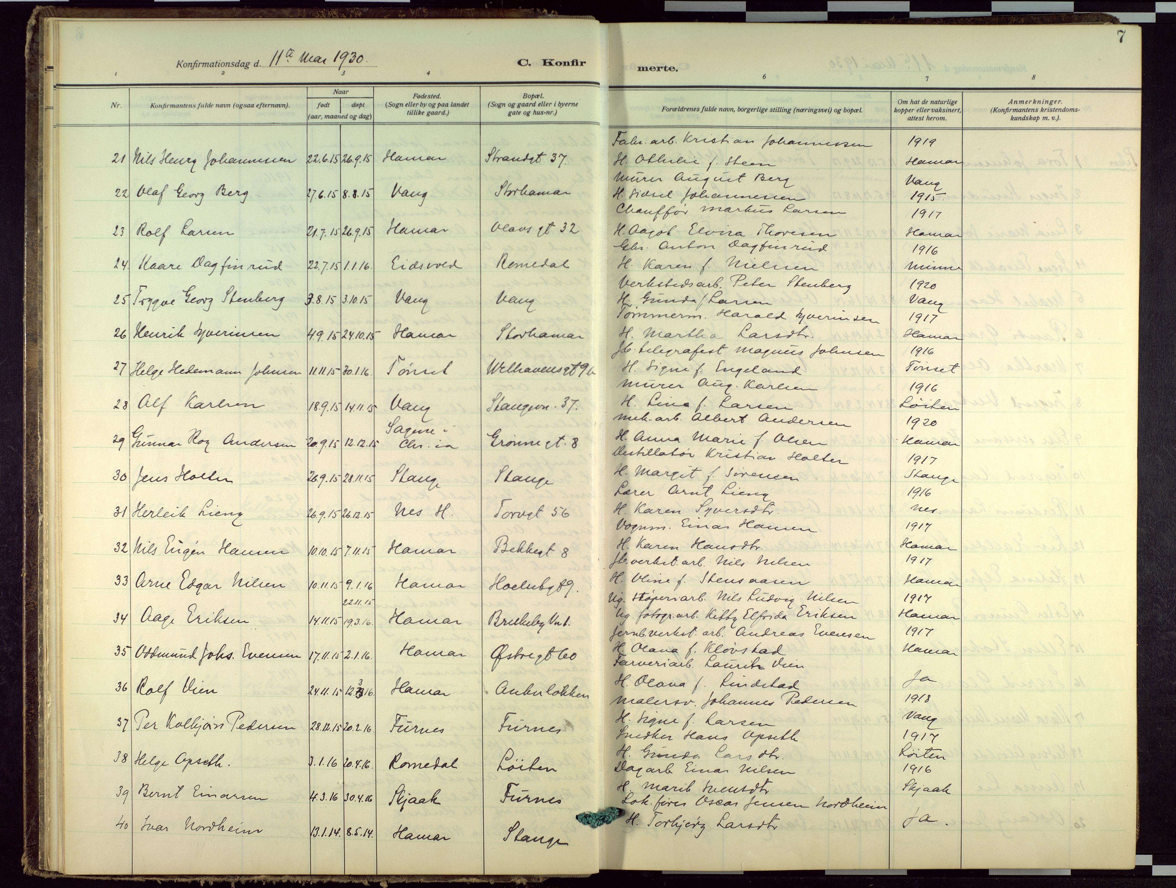 Hamar prestekontor, AV/SAH-DOMPH-002/H/Ha/Haa/L0005: Parish register (official) no. 5, 1929-1958, p. 7