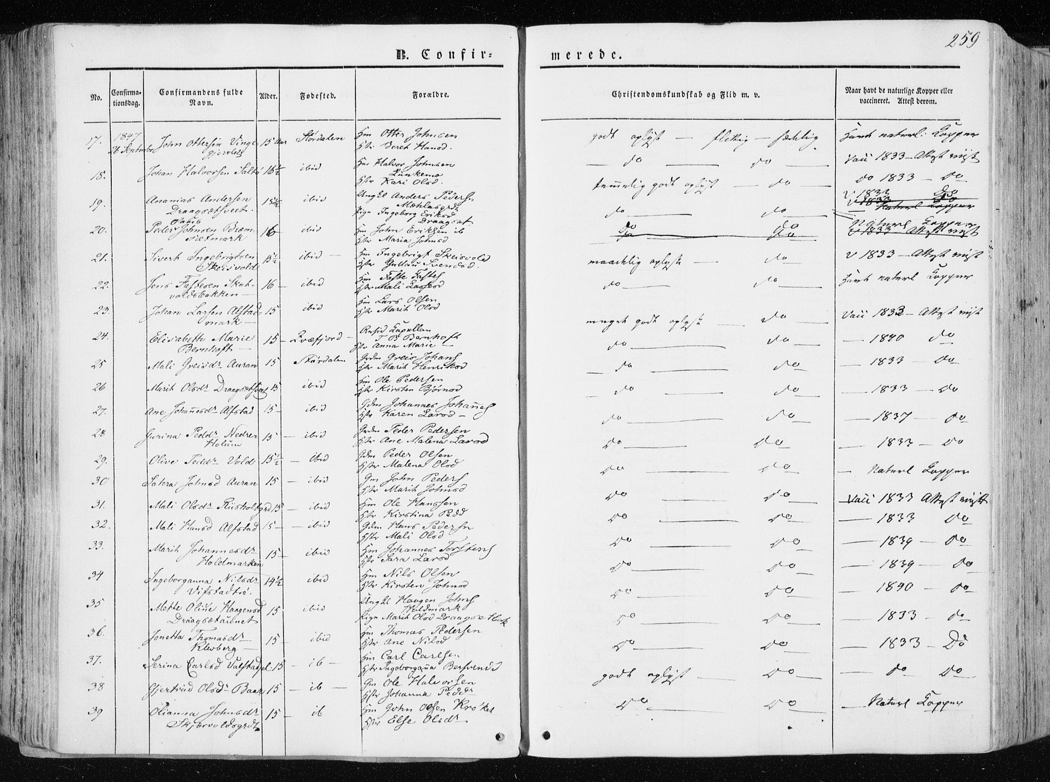 Ministerialprotokoller, klokkerbøker og fødselsregistre - Nord-Trøndelag, AV/SAT-A-1458/709/L0074: Parish register (official) no. 709A14, 1845-1858, p. 259