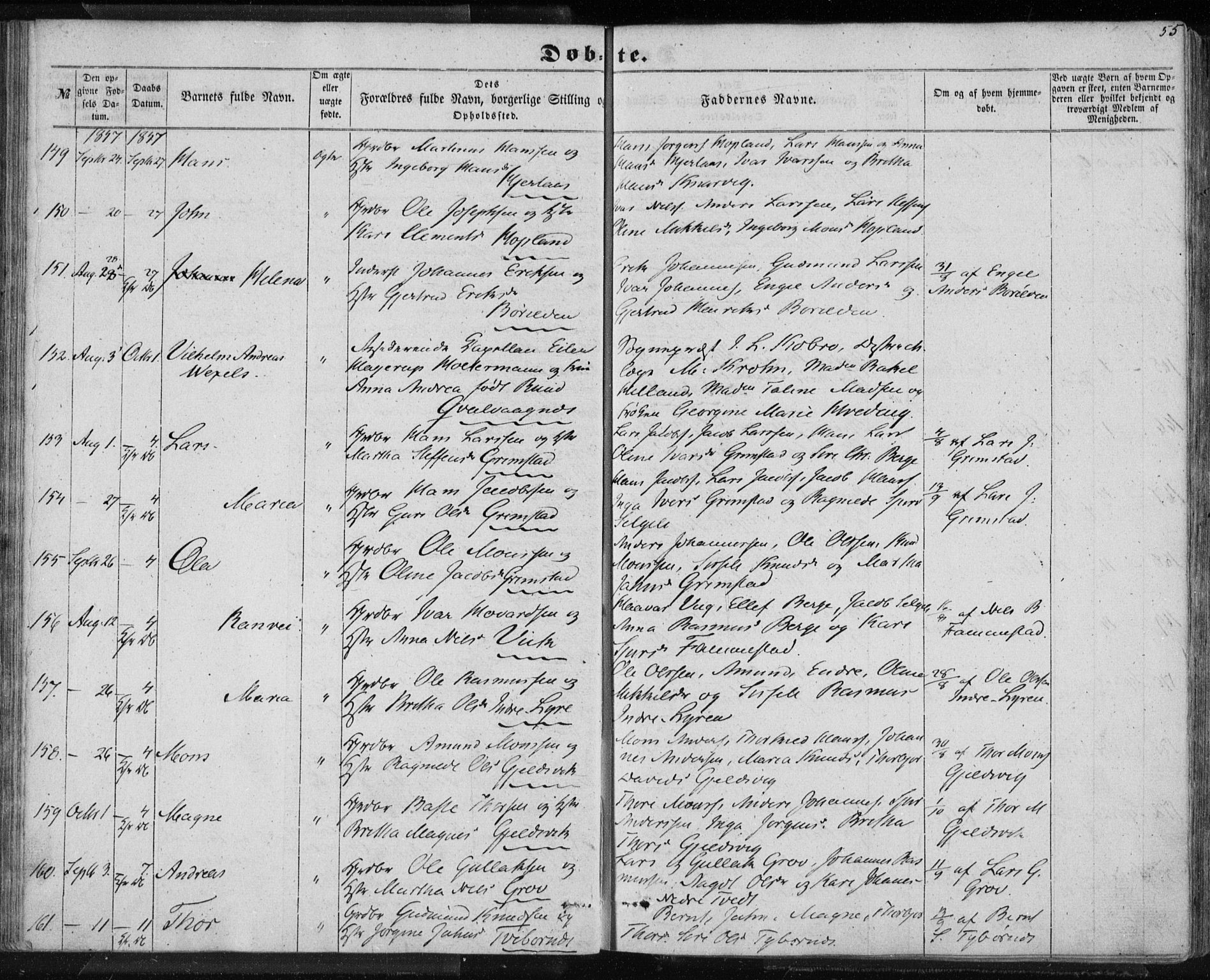 Lindås Sokneprestembete, AV/SAB-A-76701/H/Haa/Haaa/L0011: Parish register (official) no. A 11, 1854-1869, p. 55