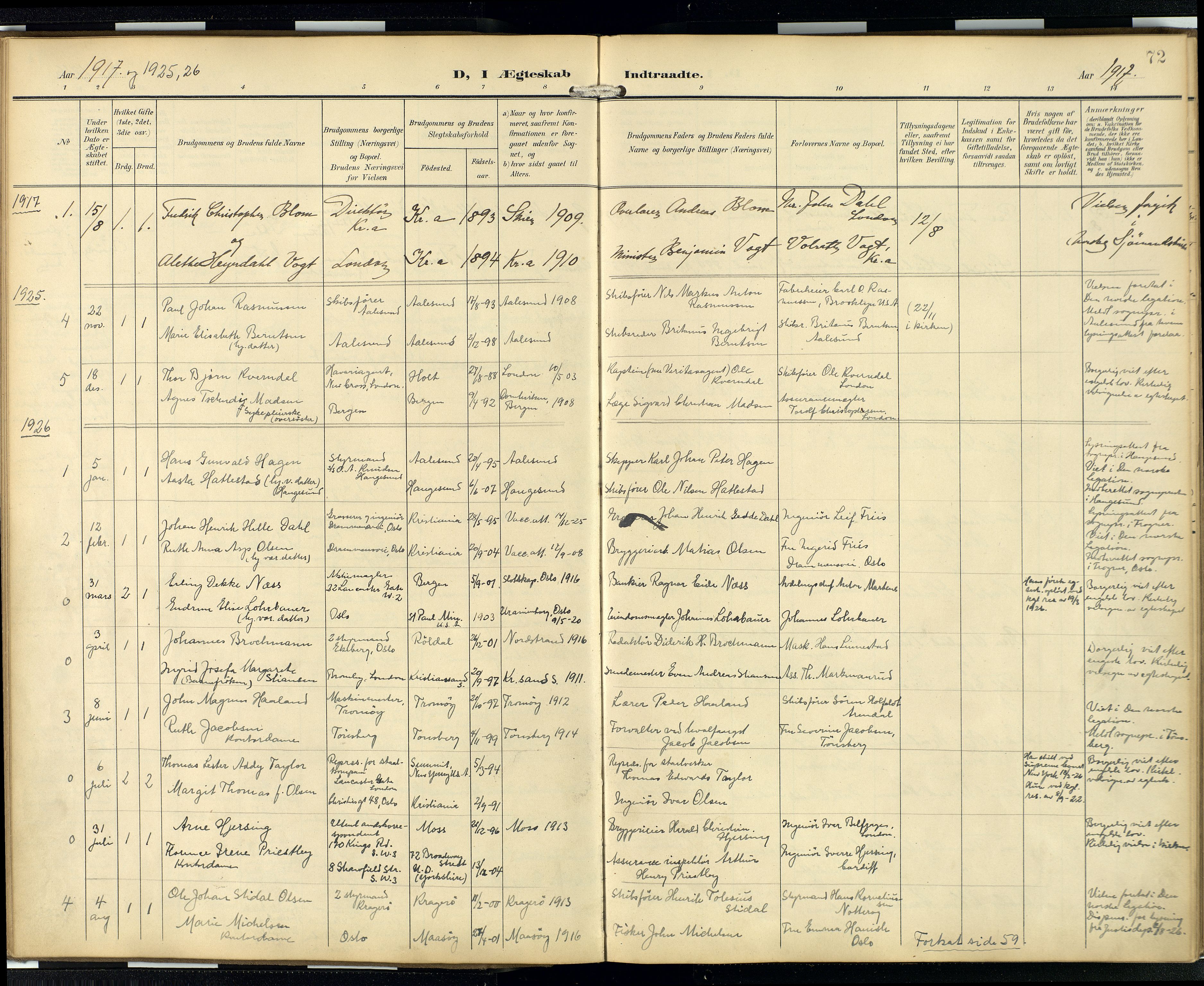  Den norske sjømannsmisjon i utlandet/London m/bistasjoner, SAB/SAB/PA-0103/H/Ha/L0003: Parish register (official) no. A 3, 1903-1934, p. 71b-72a