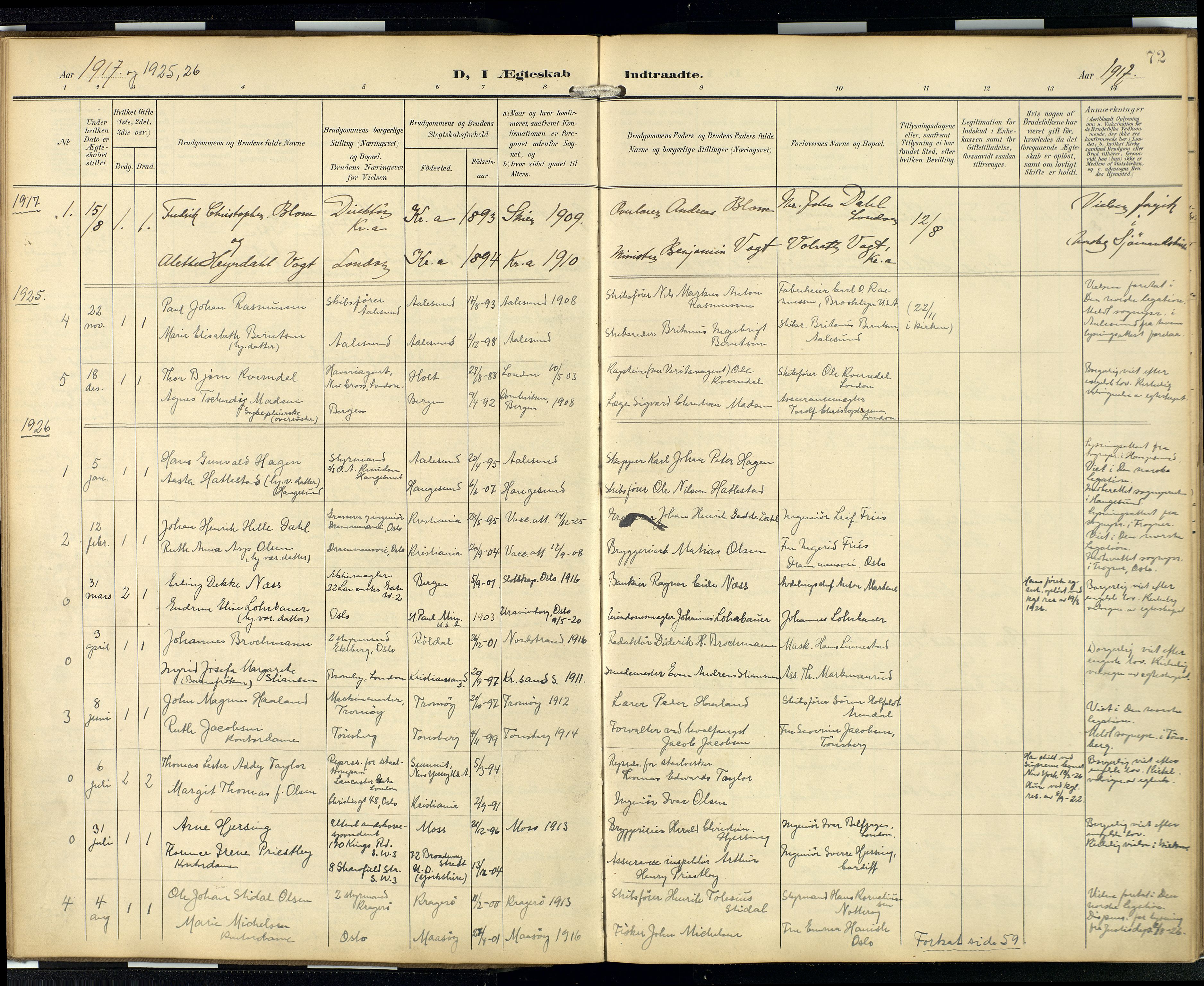 Den norske sjømannsmisjon i utlandet/London m/bistasjoner, AV/SAB-SAB/PA-0103/H/Ha/L0003: Parish register (official) no. A 3, 1903-1934, p. 71b-72a