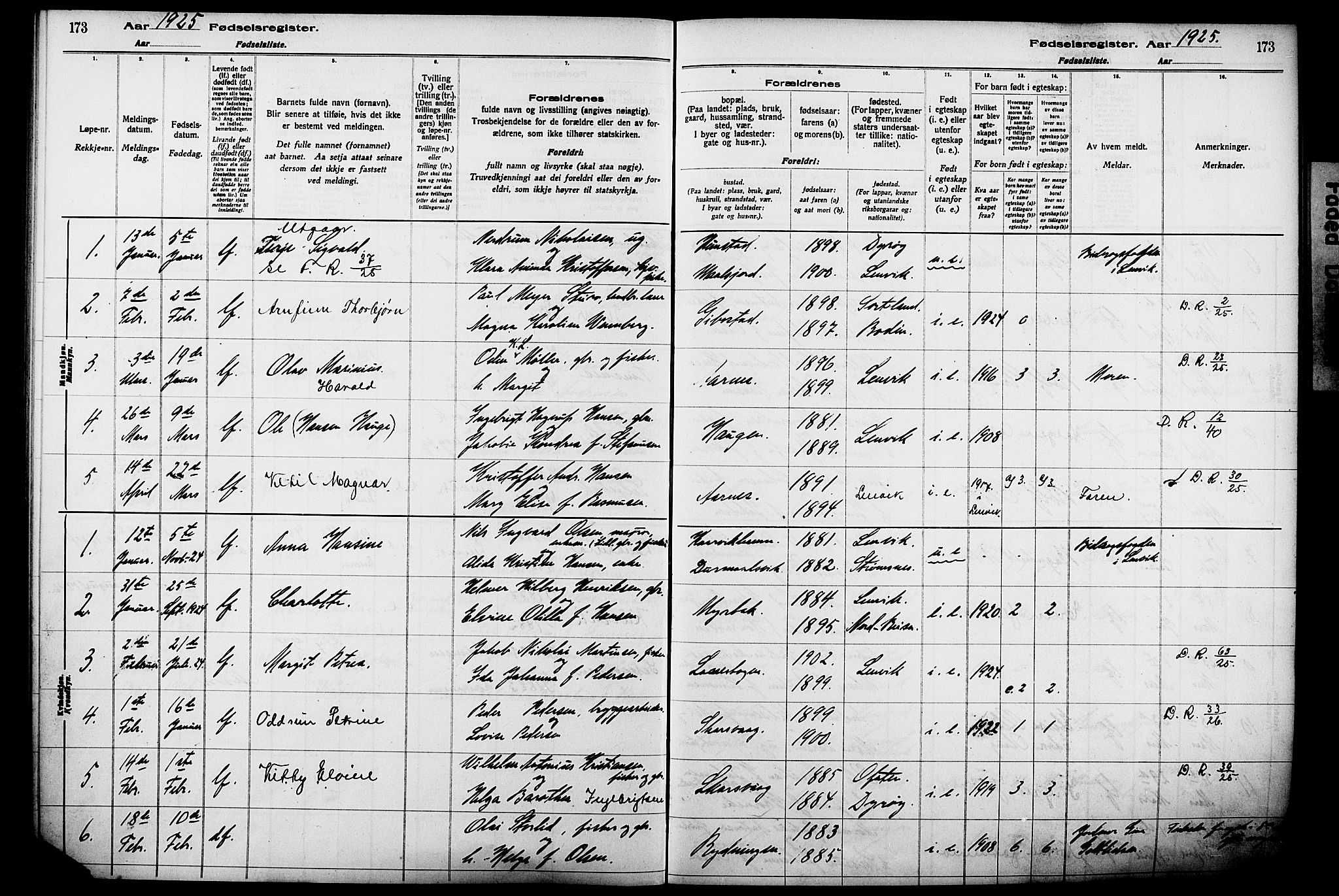 Lenvik sokneprestembete, AV/SATØ-S-1310/I/Ic/L0089: Birth register no. 89, 1916-1926, p. 173