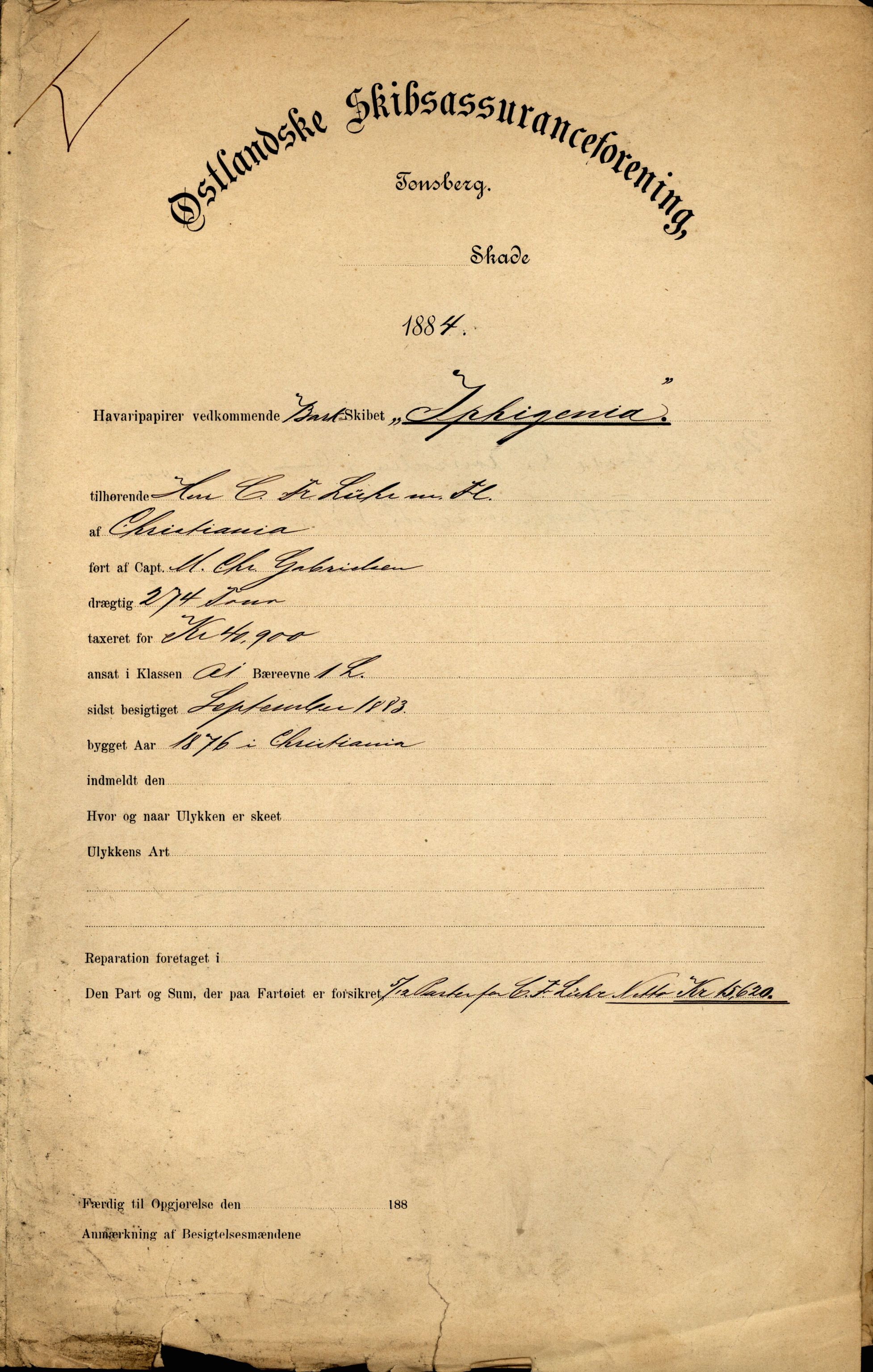 Pa 63 - Østlandske skibsassuranceforening, VEMU/A-1079/G/Ga/L0017/0014: Havaridokumenter / Petrus, Vera, Venus, Iphigenia, Jarlsberg, Harmonia, 1884, p. 50