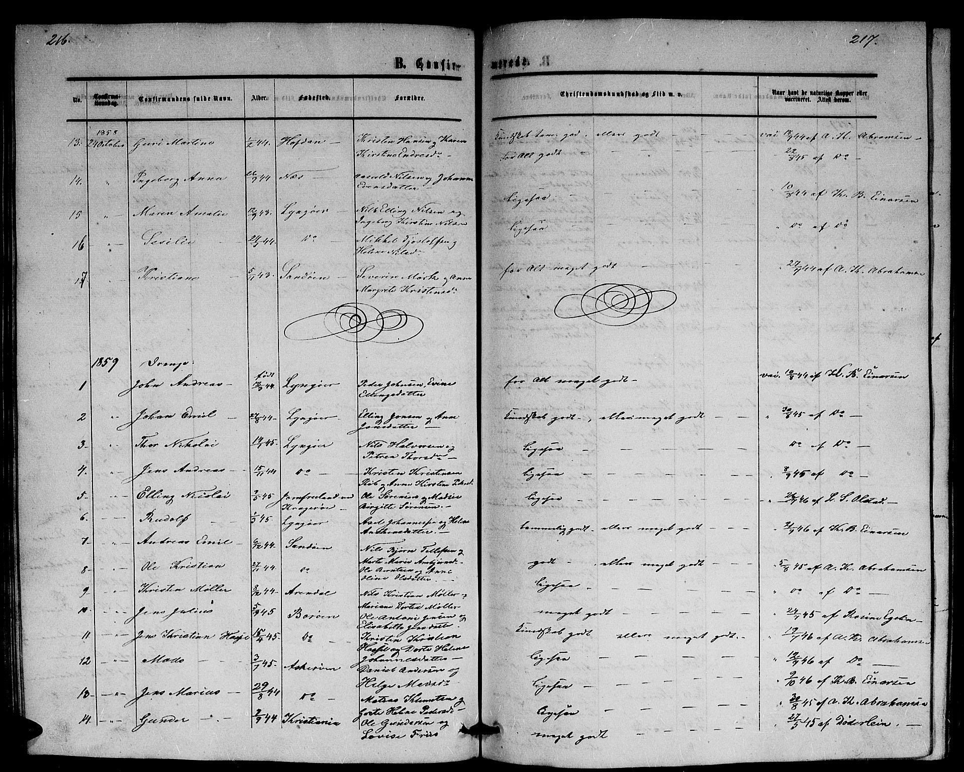 Dypvåg sokneprestkontor, SAK/1111-0007/F/Fb/Fba/L0011: Parish register (copy) no. B 11, 1857-1872, p. 216-217