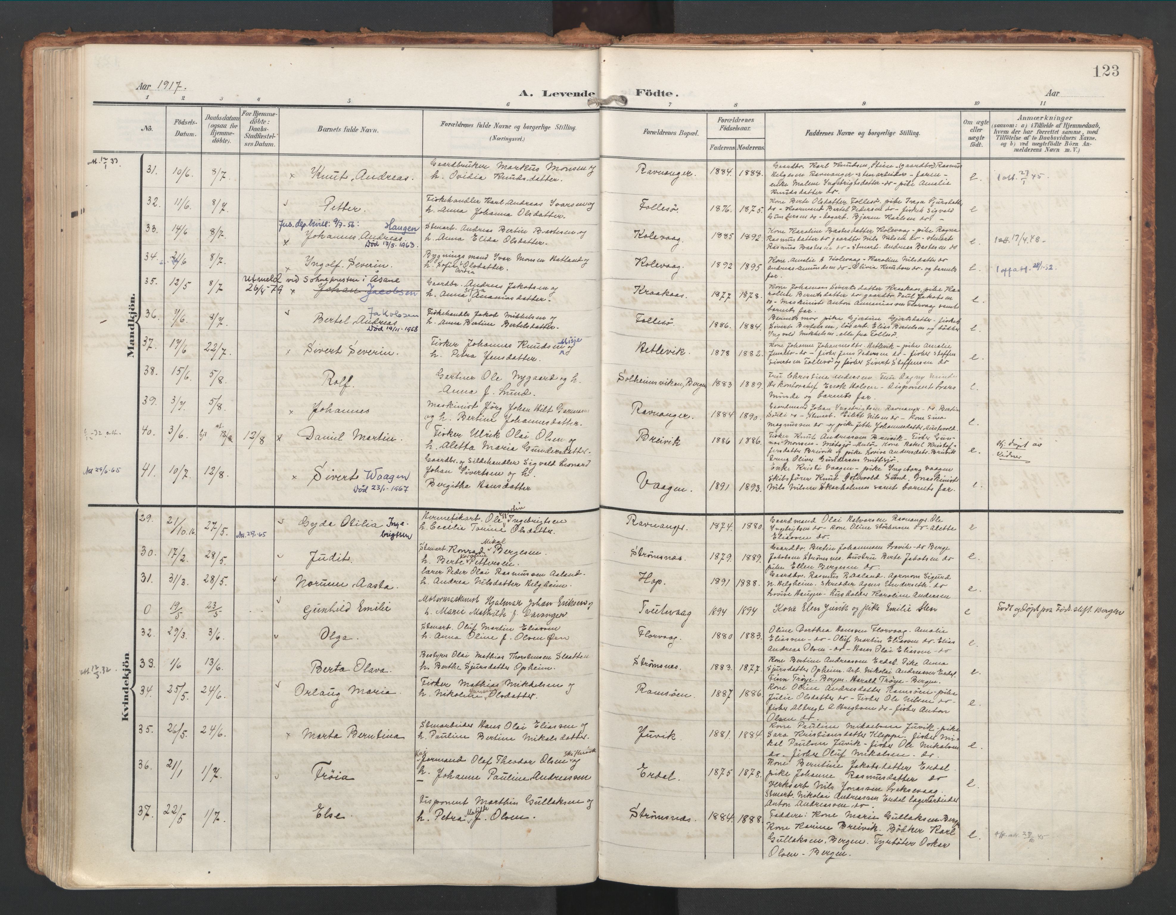 Askøy Sokneprestembete, AV/SAB-A-74101/H/Ha/Haa/Haac/L0002: Parish register (official) no. C 2, 1905-1922, p. 123