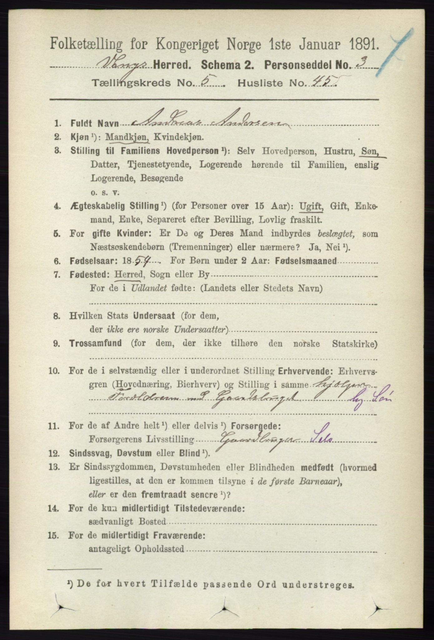 RA, 1891 census for 0414 Vang, 1891, p. 3756