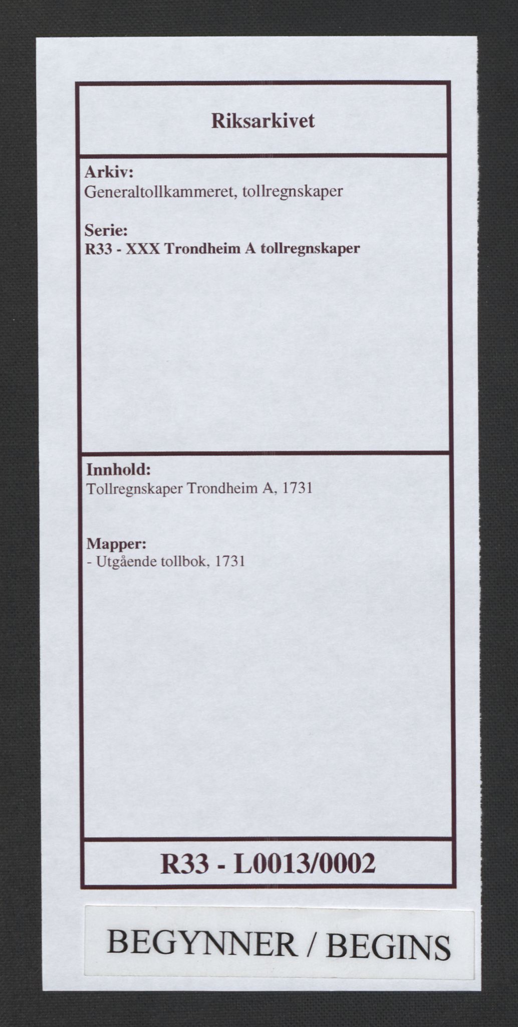 Generaltollkammeret, tollregnskaper, AV/RA-EA-5490/R33/L0013/0002: Tollregnskaper Trondheim A / Utgående tollbok, 1731