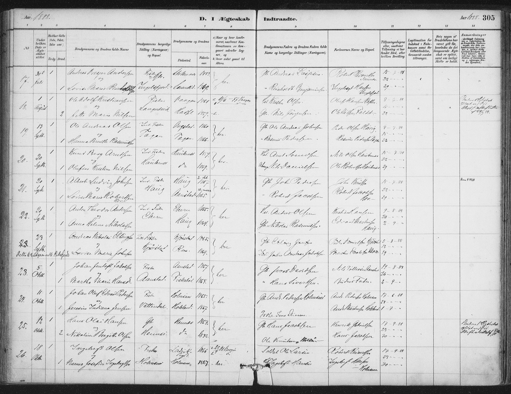 Ministerialprotokoller, klokkerbøker og fødselsregistre - Nordland, SAT/A-1459/888/L1244: Parish register (official) no. 888A10, 1880-1890, p. 305