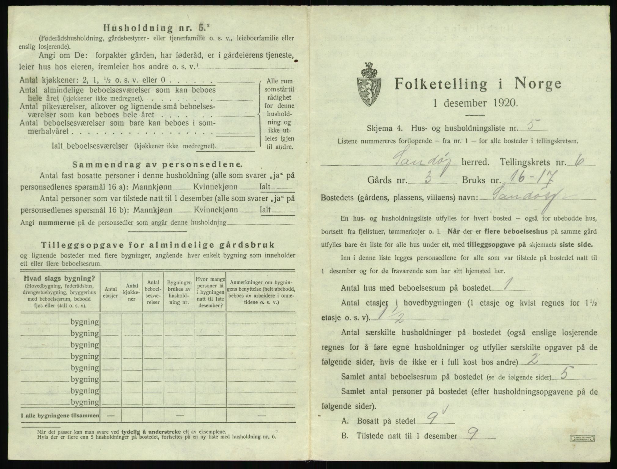 SAT, 1920 census for Sandøy, 1920, p. 288