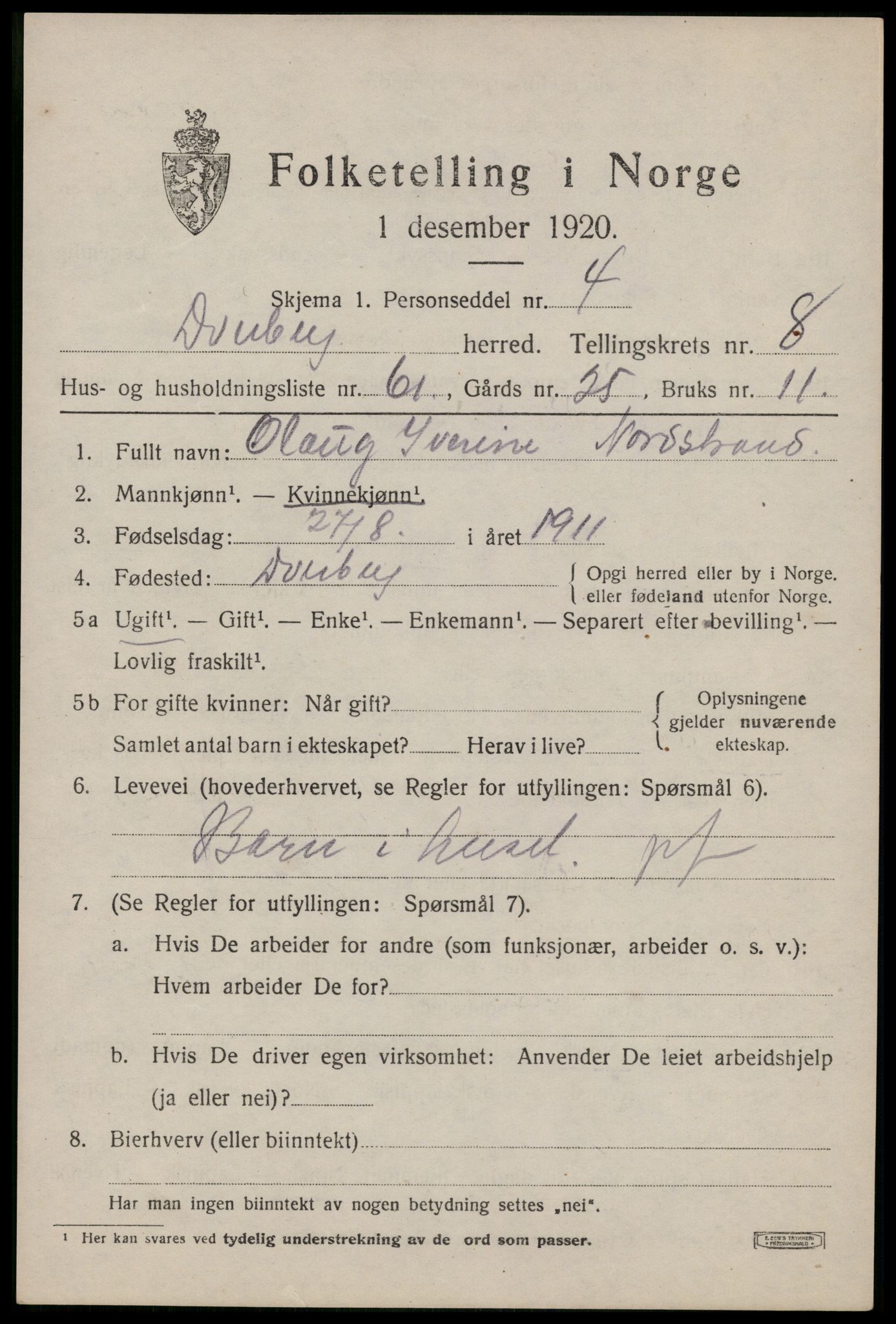 SAT, 1920 census for Dverberg, 1920, p. 7876