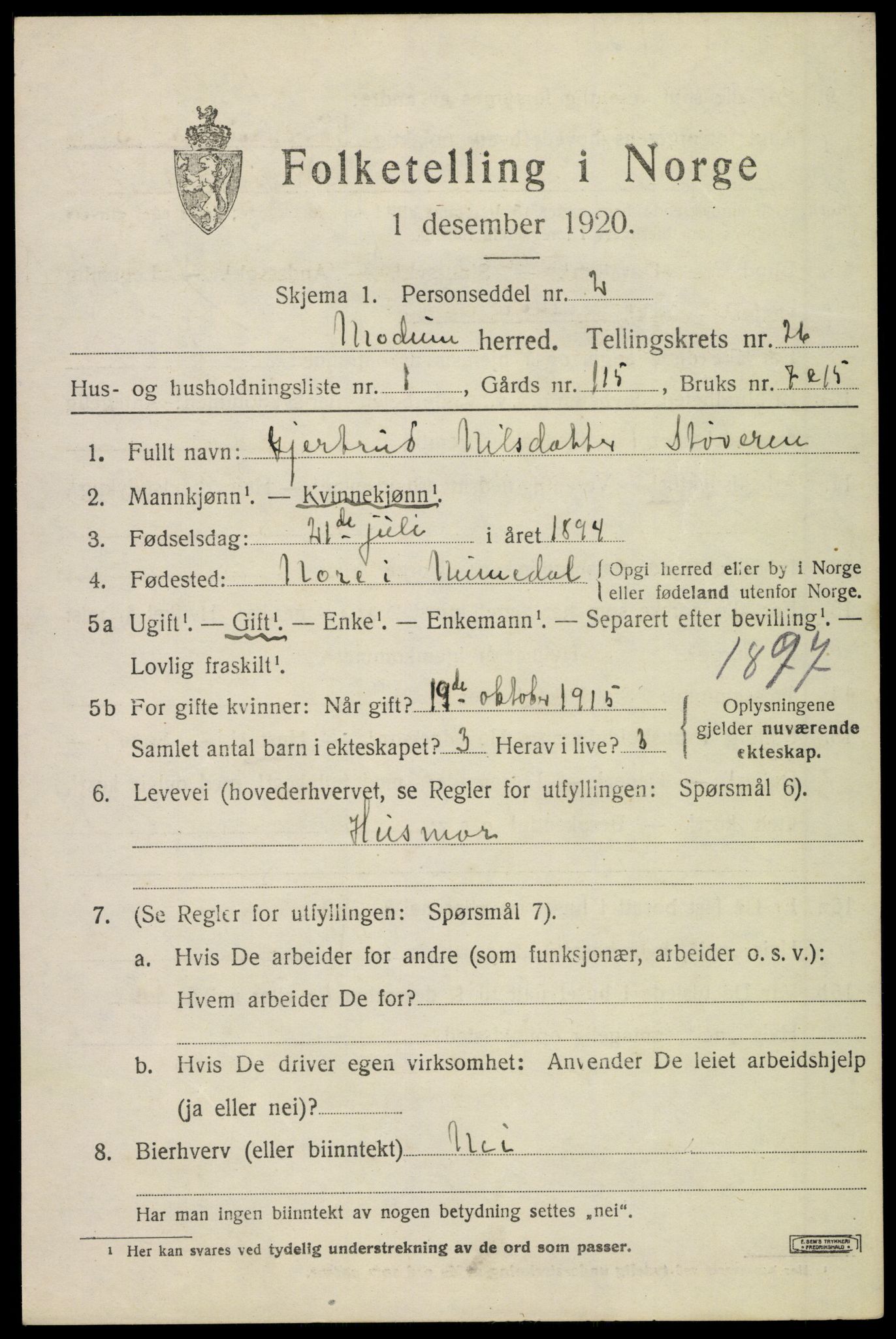 SAKO, 1920 census for Modum, 1920, p. 25265