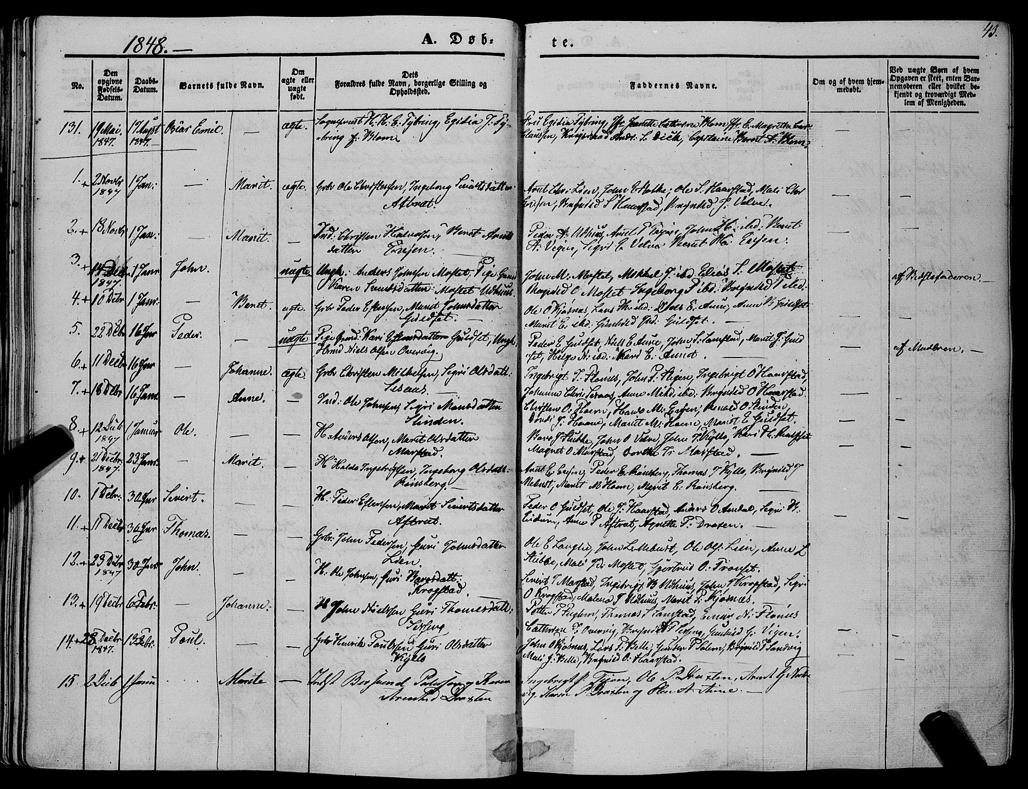 Ministerialprotokoller, klokkerbøker og fødselsregistre - Sør-Trøndelag, SAT/A-1456/695/L1145: Parish register (official) no. 695A06 /1, 1843-1859, p. 43