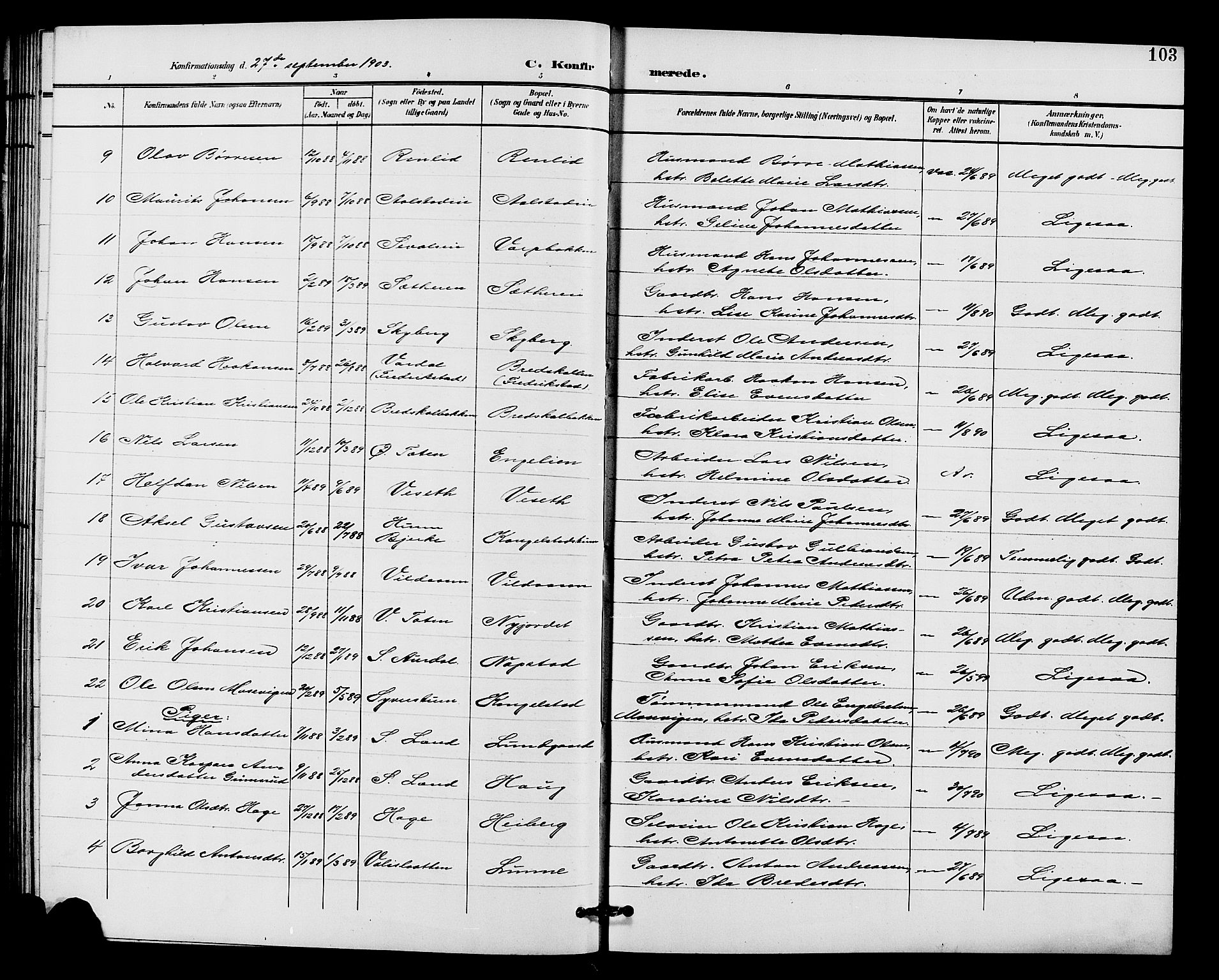 Vardal prestekontor, SAH/PREST-100/H/Ha/Hab/L0011: Parish register (copy) no. 11, 1899-1913, p. 103