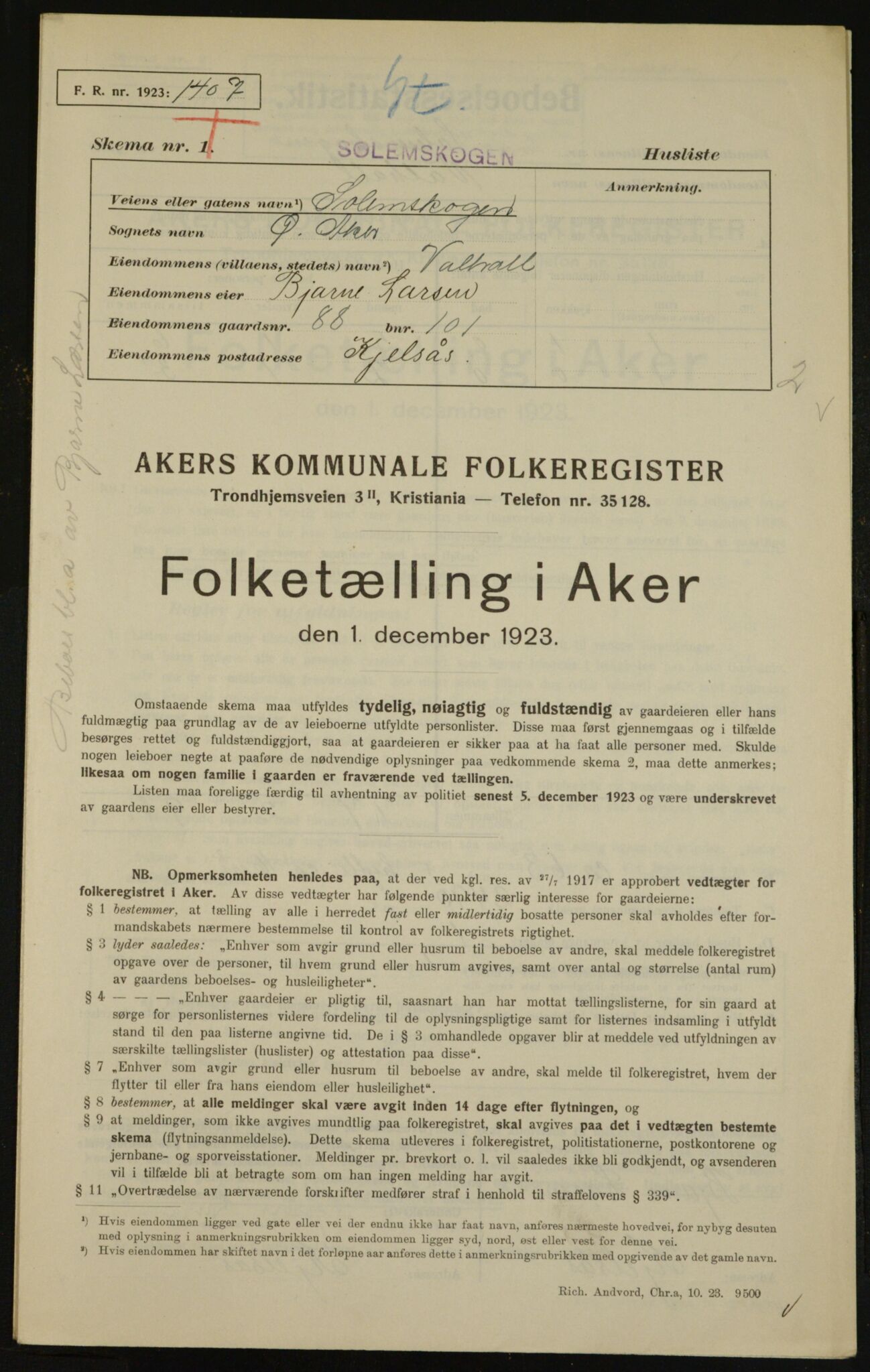 , Municipal Census 1923 for Aker, 1923, p. 31250