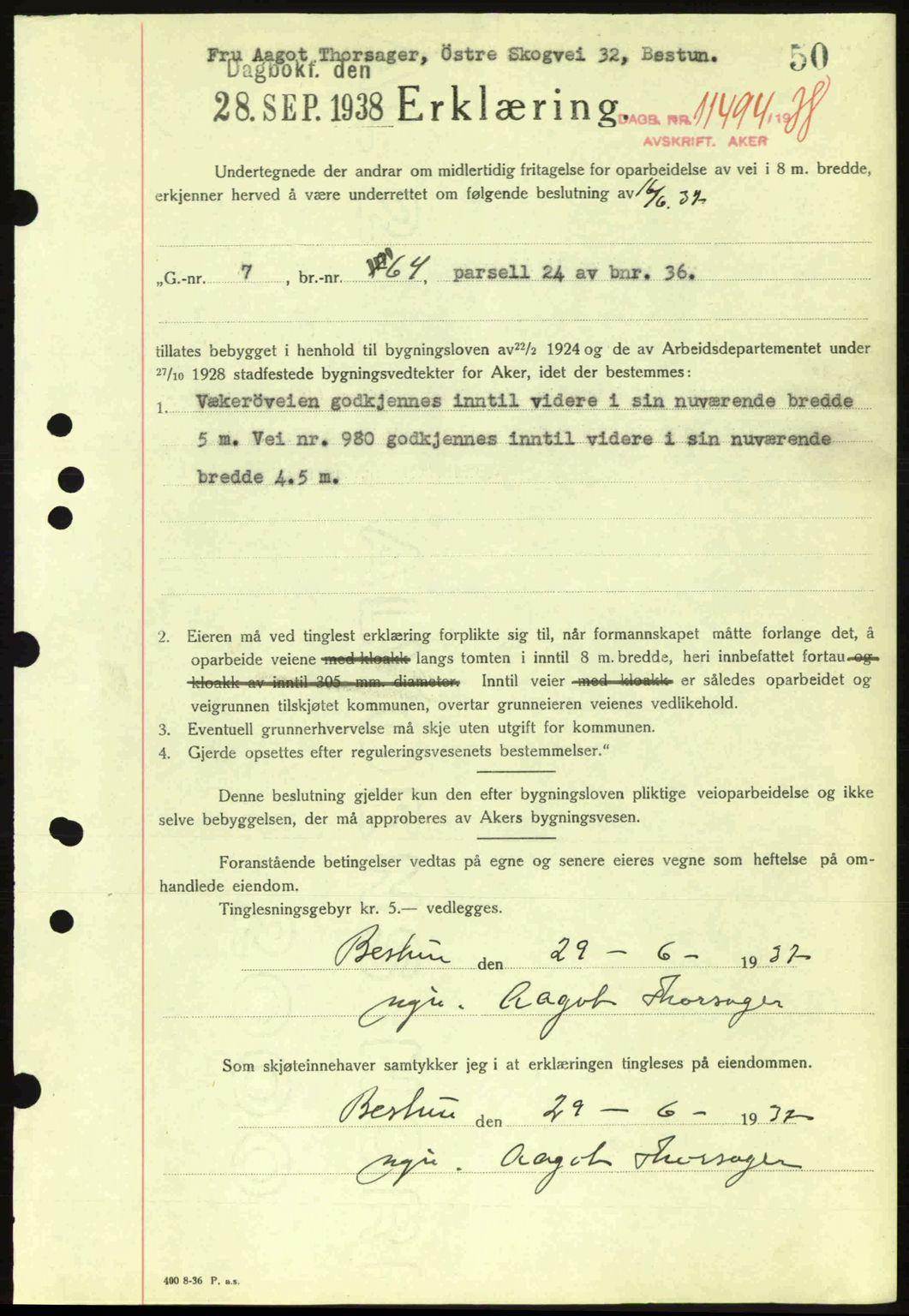 Aker herredsskriveri, SAO/A-10896/G/Gb/Gba/Gbab/L0025: Mortgage book no. A154-155, 1938-1938, Diary no: : 11494/1938