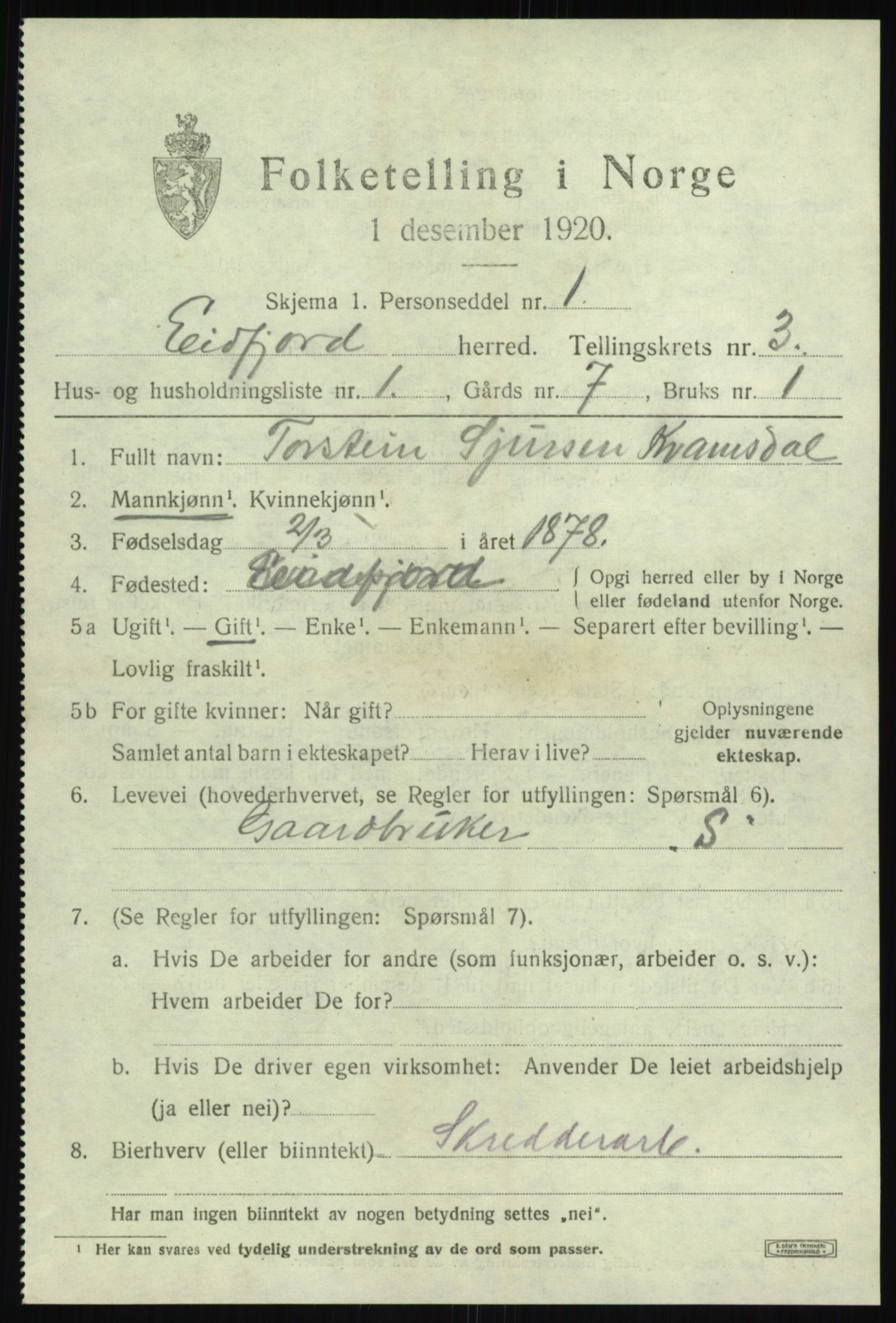SAB, 1920 census for Eidfjord, 1920, p. 992