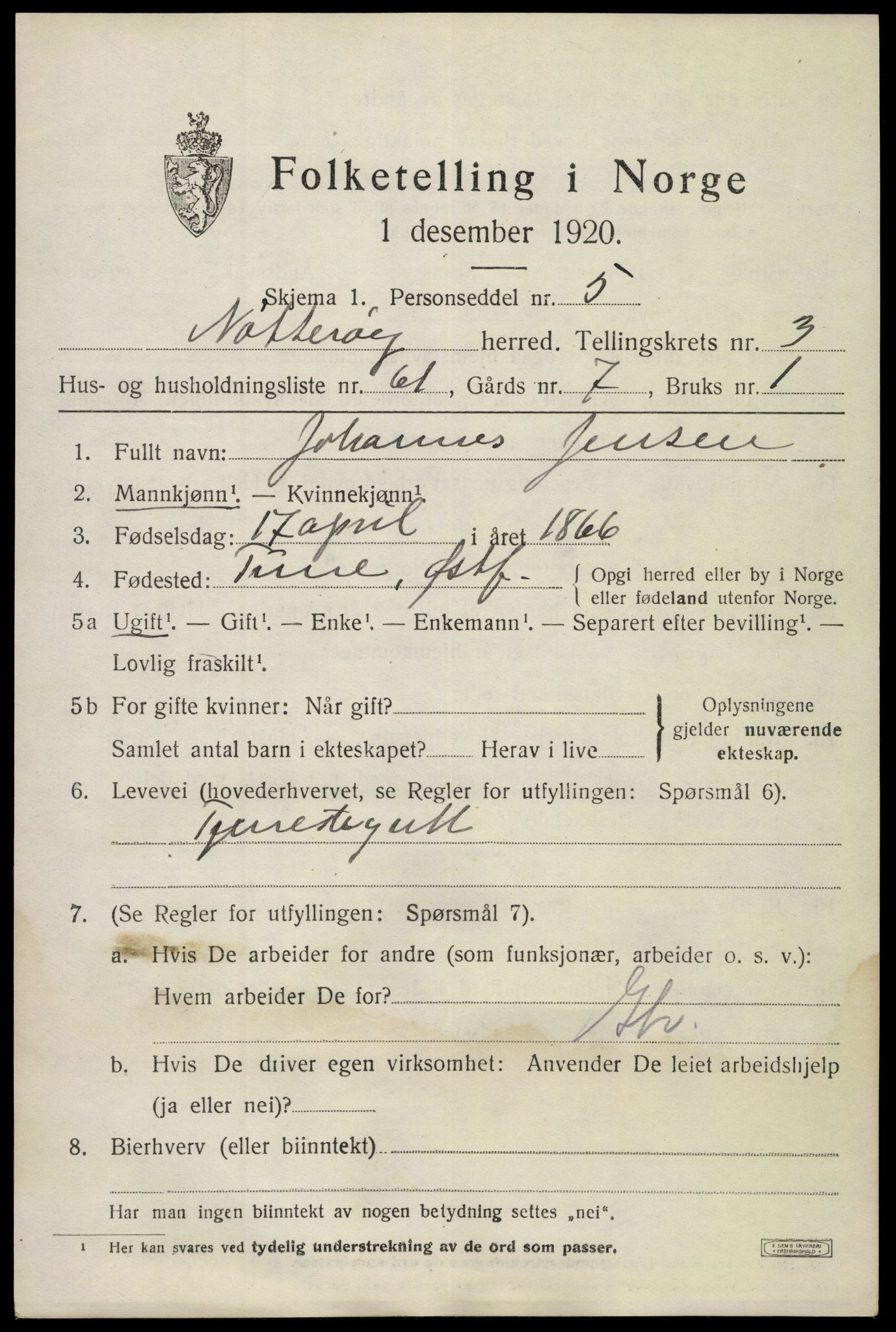 SAKO, 1920 census for Nøtterøy, 1920, p. 6193