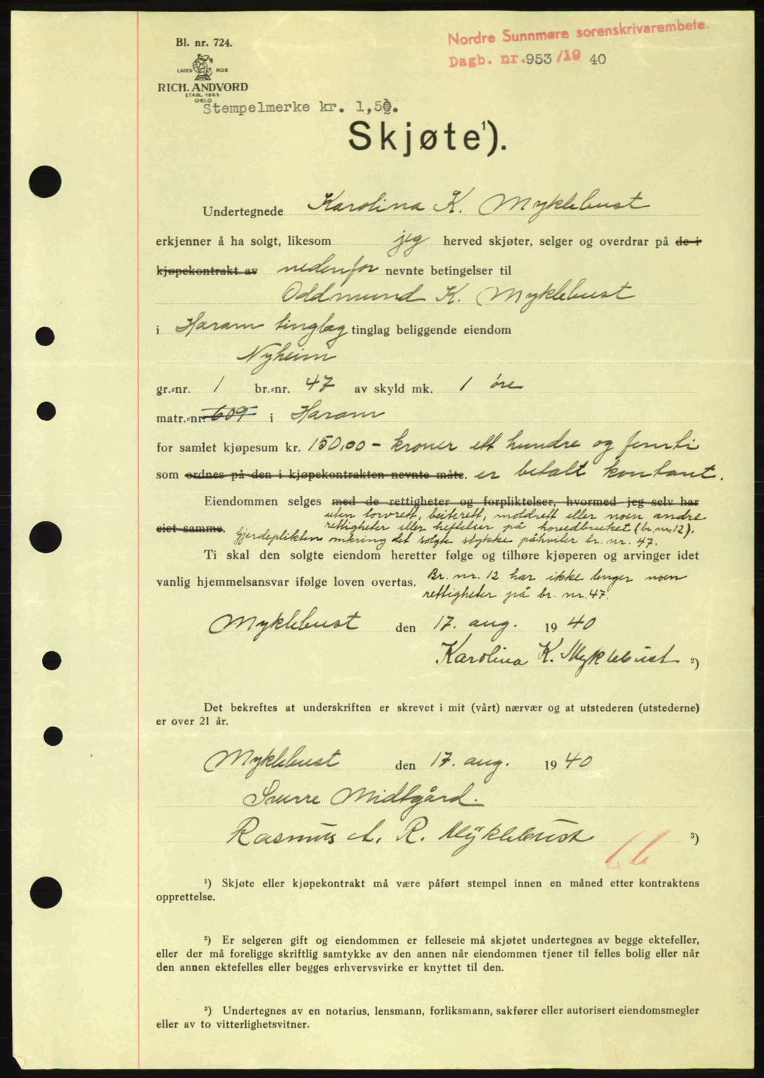 Nordre Sunnmøre sorenskriveri, AV/SAT-A-0006/1/2/2C/2Ca: Mortgage book no. A9, 1940-1940, Diary no: : 953/1940