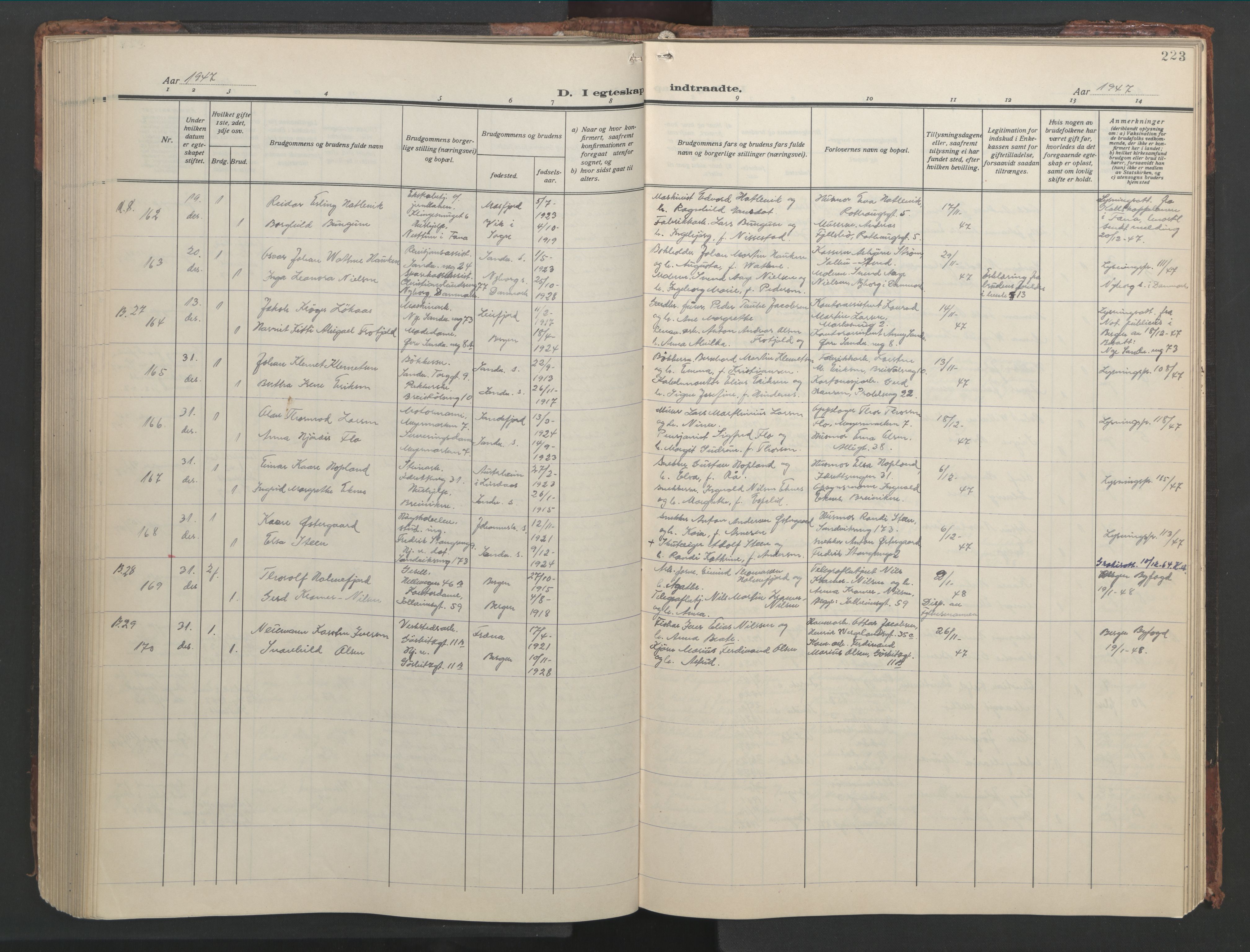 Sandviken Sokneprestembete, AV/SAB-A-77601/H/Hb/L0015: Parish register (copy) no. D 2, 1929-1953, p. 222b-223a