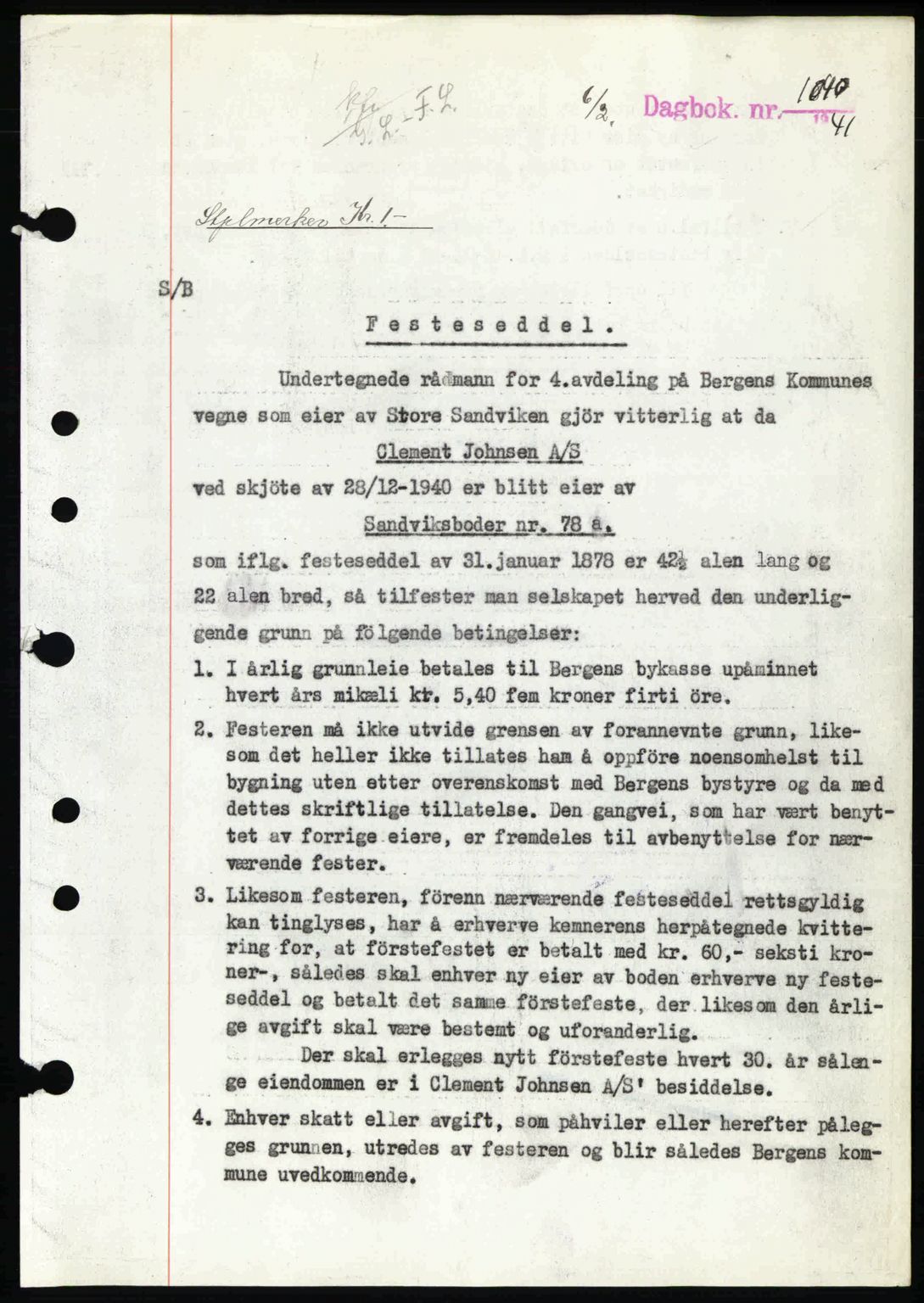 Byfogd og Byskriver i Bergen, AV/SAB-A-3401/03/03Bc/L0014: Mortgage book no. A11-12, 1941-1941, Diary no: : 1040/1941