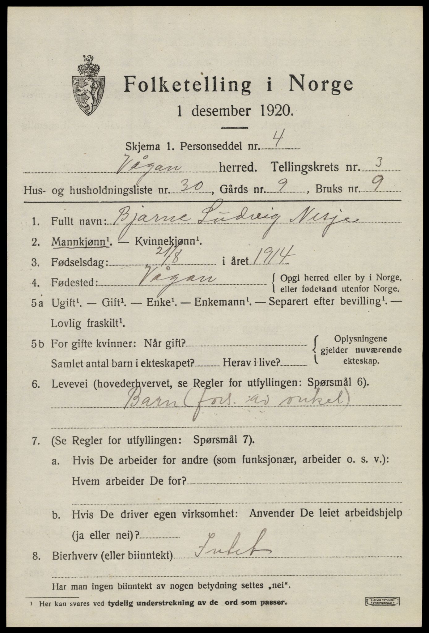 SAT, 1920 census for Vågan, 1920, p. 2949