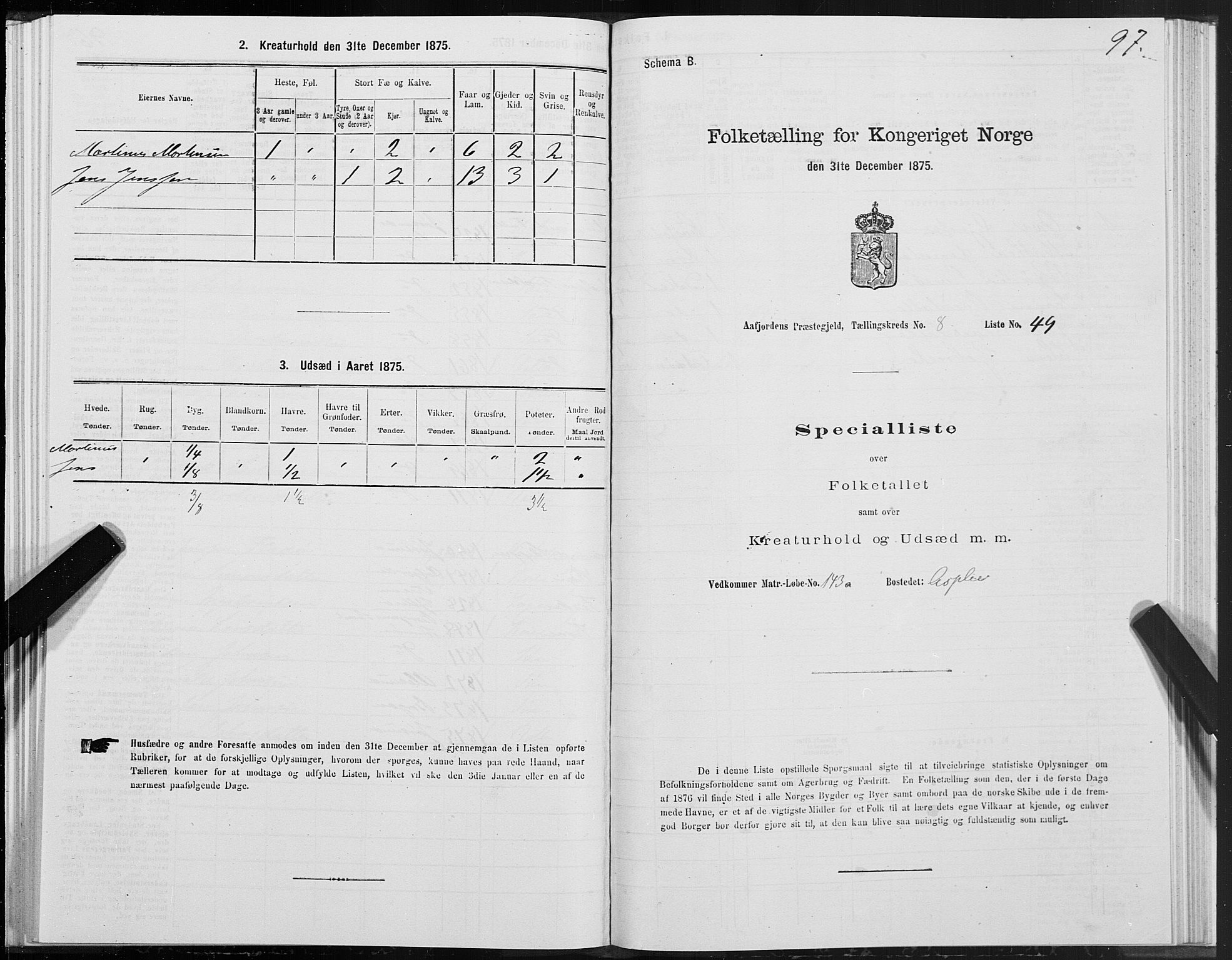 SAT, 1875 census for 1630P Aafjorden, 1875, p. 4097