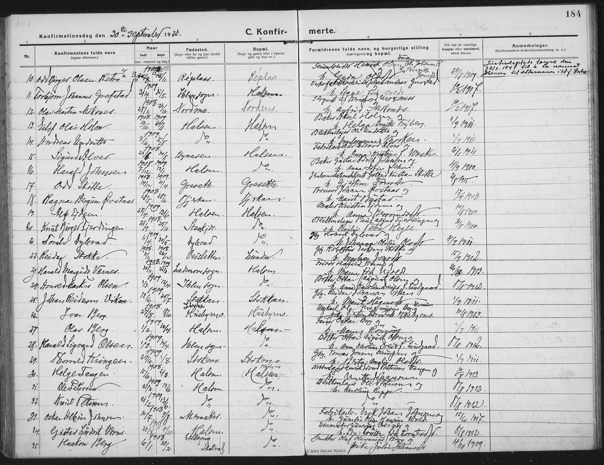 Ministerialprotokoller, klokkerbøker og fødselsregistre - Nord-Trøndelag, SAT/A-1458/709/L0083: Parish register (official) no. 709A23, 1916-1928, p. 184