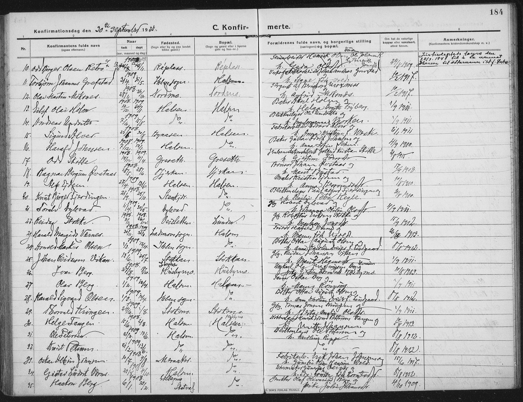 Ministerialprotokoller, klokkerbøker og fødselsregistre - Nord-Trøndelag, AV/SAT-A-1458/709/L0083: Parish register (official) no. 709A23, 1916-1928, p. 184