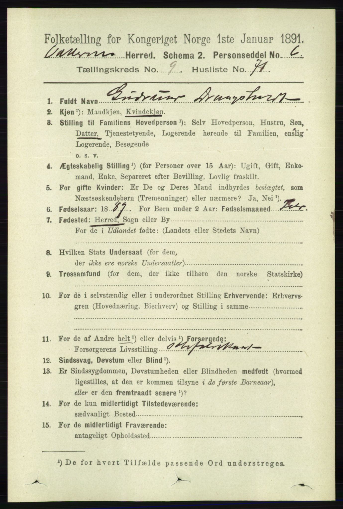 RA, 1891 census for 1012 Oddernes, 1891, p. 3725