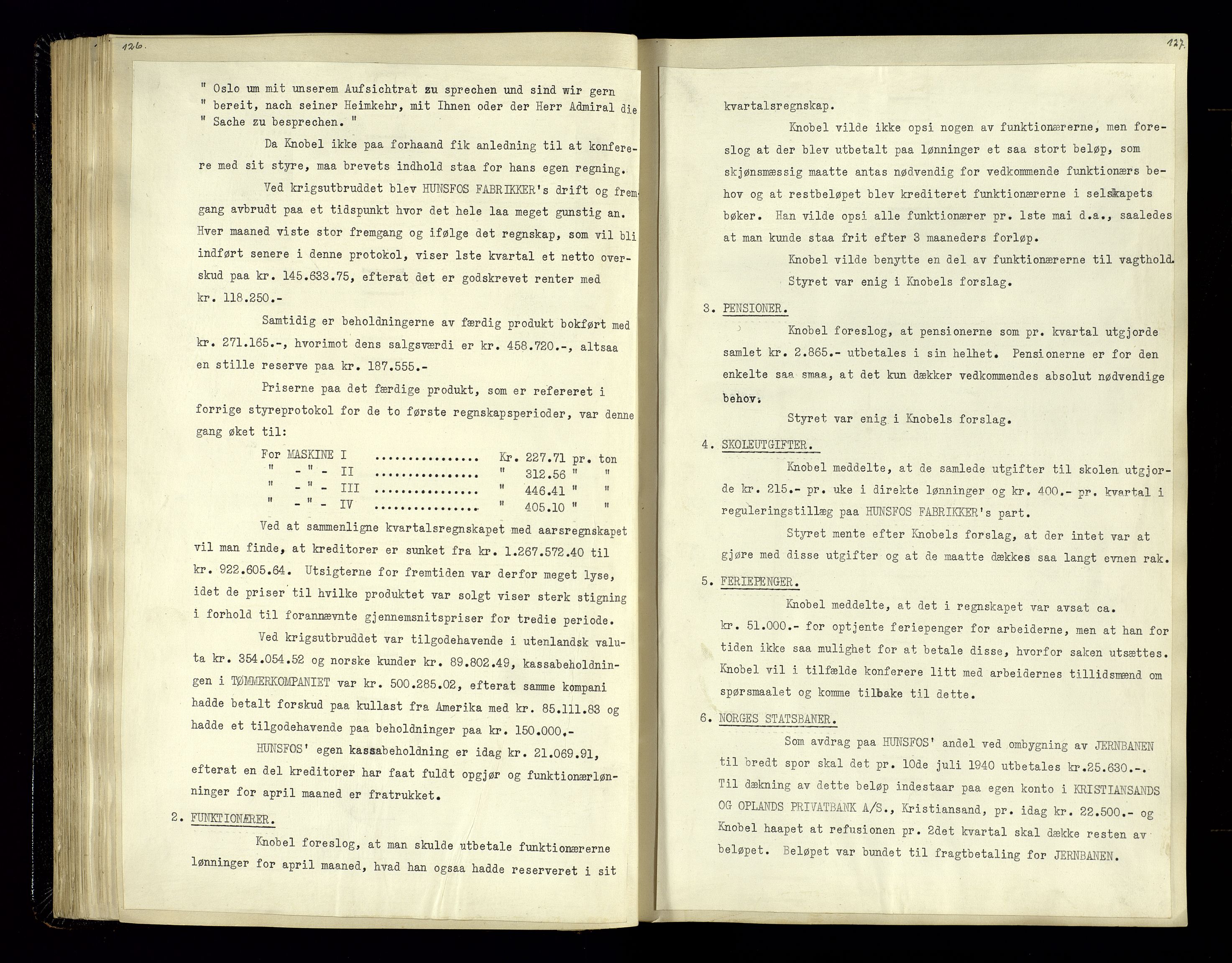 Hunsfos fabrikker, AV/SAK-D/1440/02/L0006: Referatprotokoll fra styremøter, 1938-1950, p. 126-127