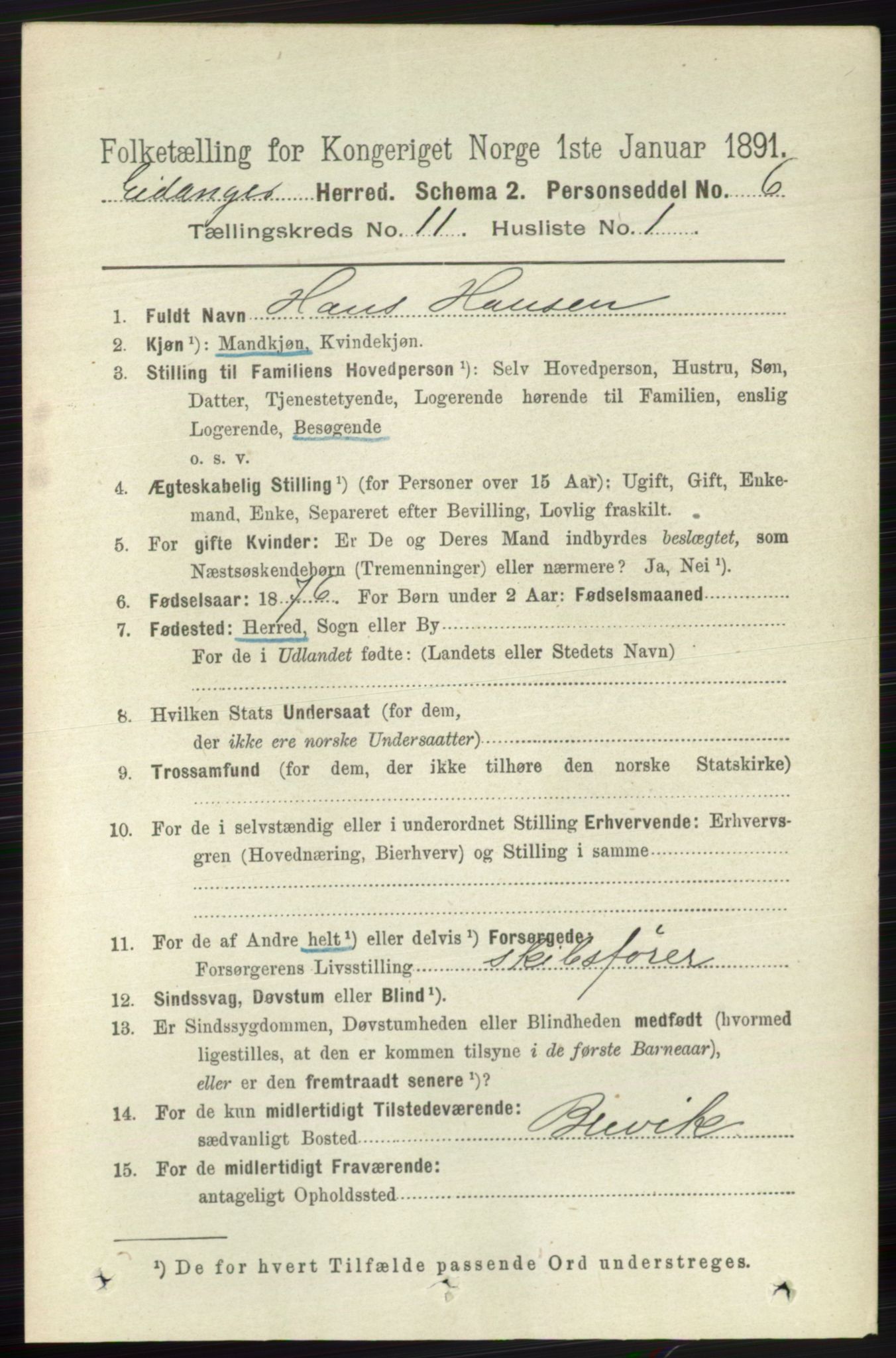 RA, 1891 census for 0813 Eidanger, 1891, p. 4242