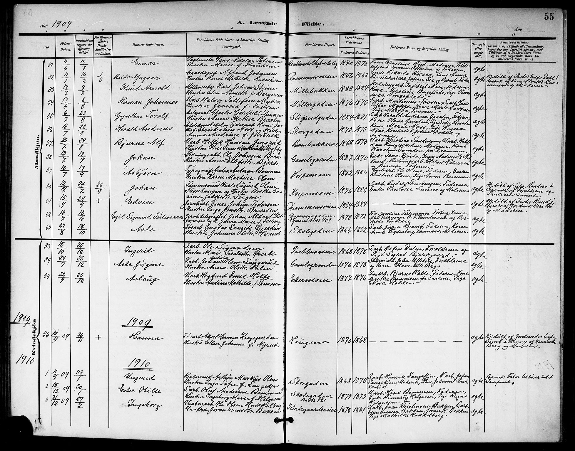 Kongsberg kirkebøker, SAKO/A-22/G/Ga/L0007: Parish register (copy) no. 7, 1901-1915, p. 55