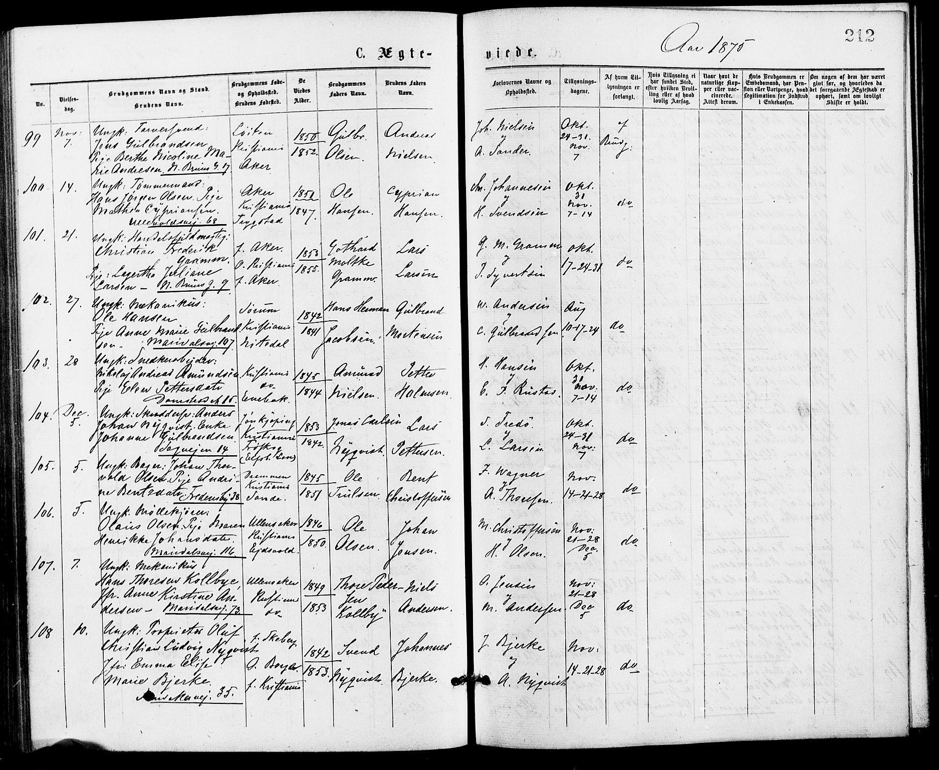 Gamle Aker prestekontor Kirkebøker, SAO/A-10617a/G/L0004: Parish register (copy) no. 4, 1875-1879, p. 212