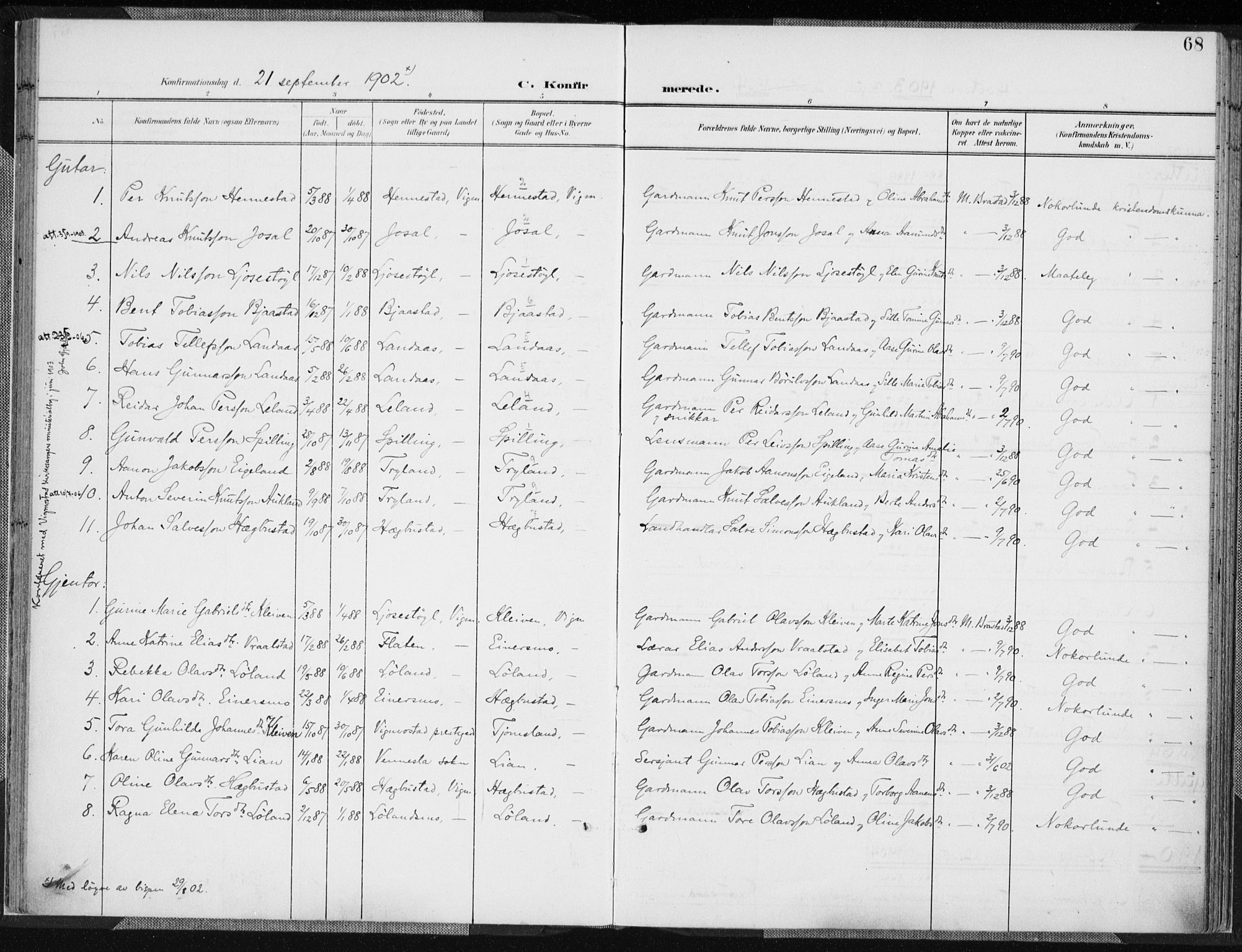 Nord-Audnedal sokneprestkontor, SAK/1111-0032/F/Fa/Fab/L0004: Parish register (official) no. A 4, 1901-1917, p. 68
