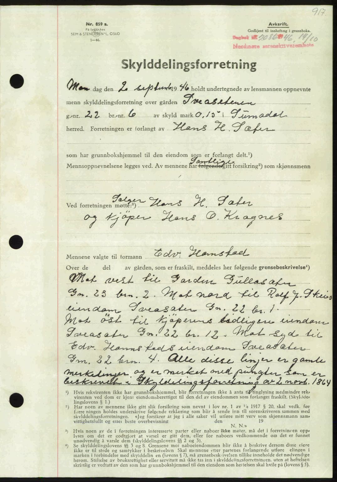 Nordmøre sorenskriveri, AV/SAT-A-4132/1/2/2Ca: Mortgage book no. A102, 1946-1946, Diary no: : 2086/1946