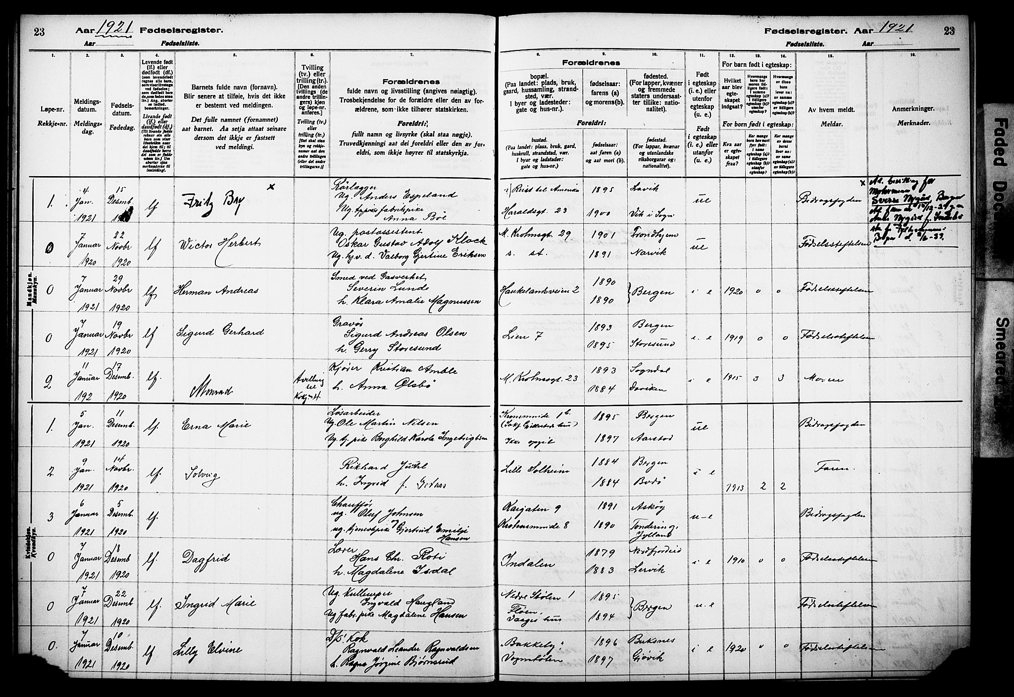 Årstad Sokneprestembete, SAB/A-79301/I/Id/L0A02: Birth register no. A 2, 1920-1924, p. 23