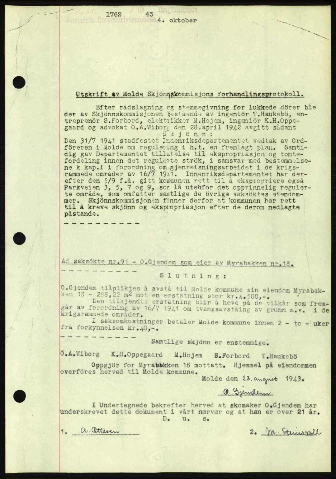 Romsdal sorenskriveri, SAT/A-4149/1/2/2C: Mortgage book no. A15, 1943-1944, Diary no: : 1762/1943