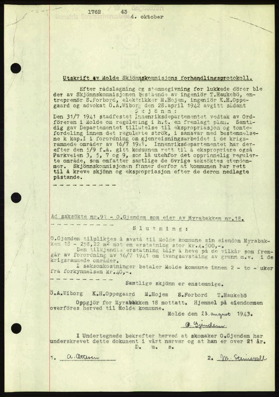 Romsdal sorenskriveri, AV/SAT-A-4149/1/2/2C: Mortgage book no. A15, 1943-1944, Diary no: : 1762/1943