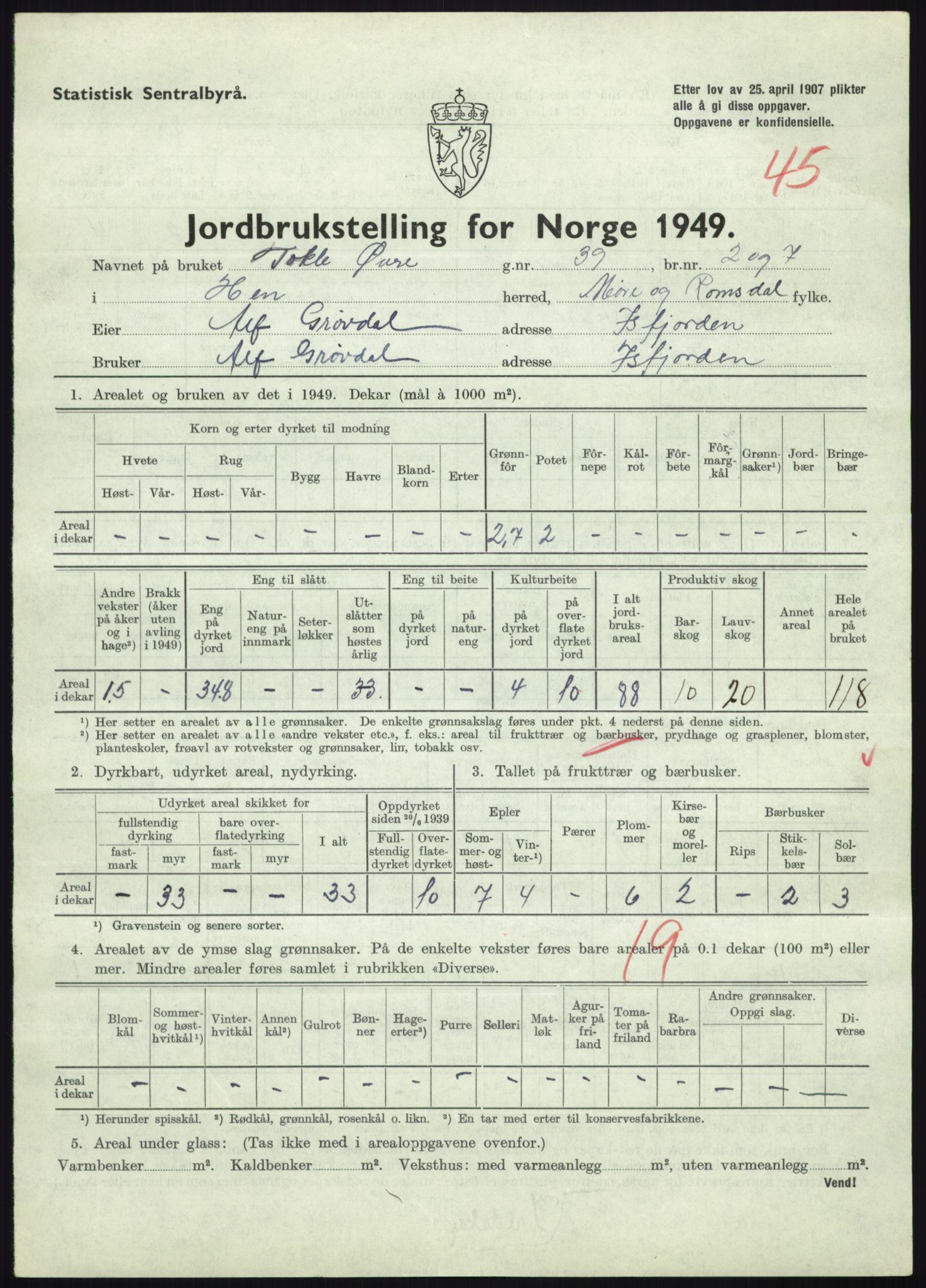 Statistisk sentralbyrå, Næringsøkonomiske emner, Jordbruk, skogbruk, jakt, fiske og fangst, AV/RA-S-2234/G/Gc/L0323: Møre og Romsdal: Grytten og Hen, 1949, p. 829