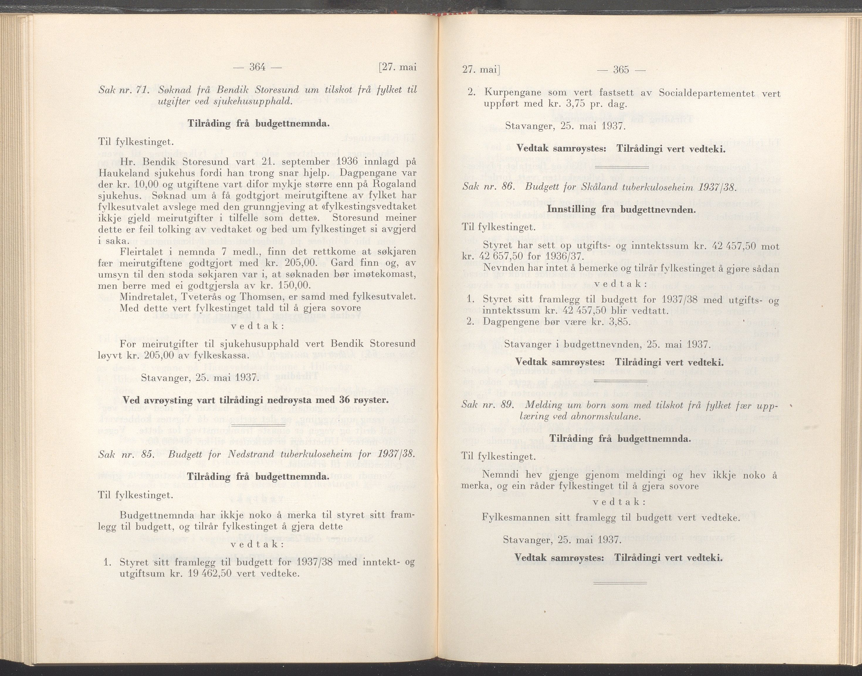 Rogaland fylkeskommune - Fylkesrådmannen , IKAR/A-900/A/Aa/Aaa/L0056: Møtebok , 1937, p. 364-365